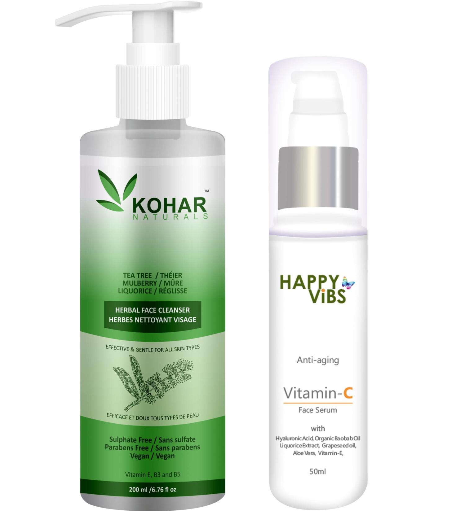 Sulphate Free Tea Tree Face Cleanser & 20% Vitamin C Face Serum Combo Kit | Daily Skincare for Men & Women - 200ml + 50ml - Buy Online on GoSupps.com
