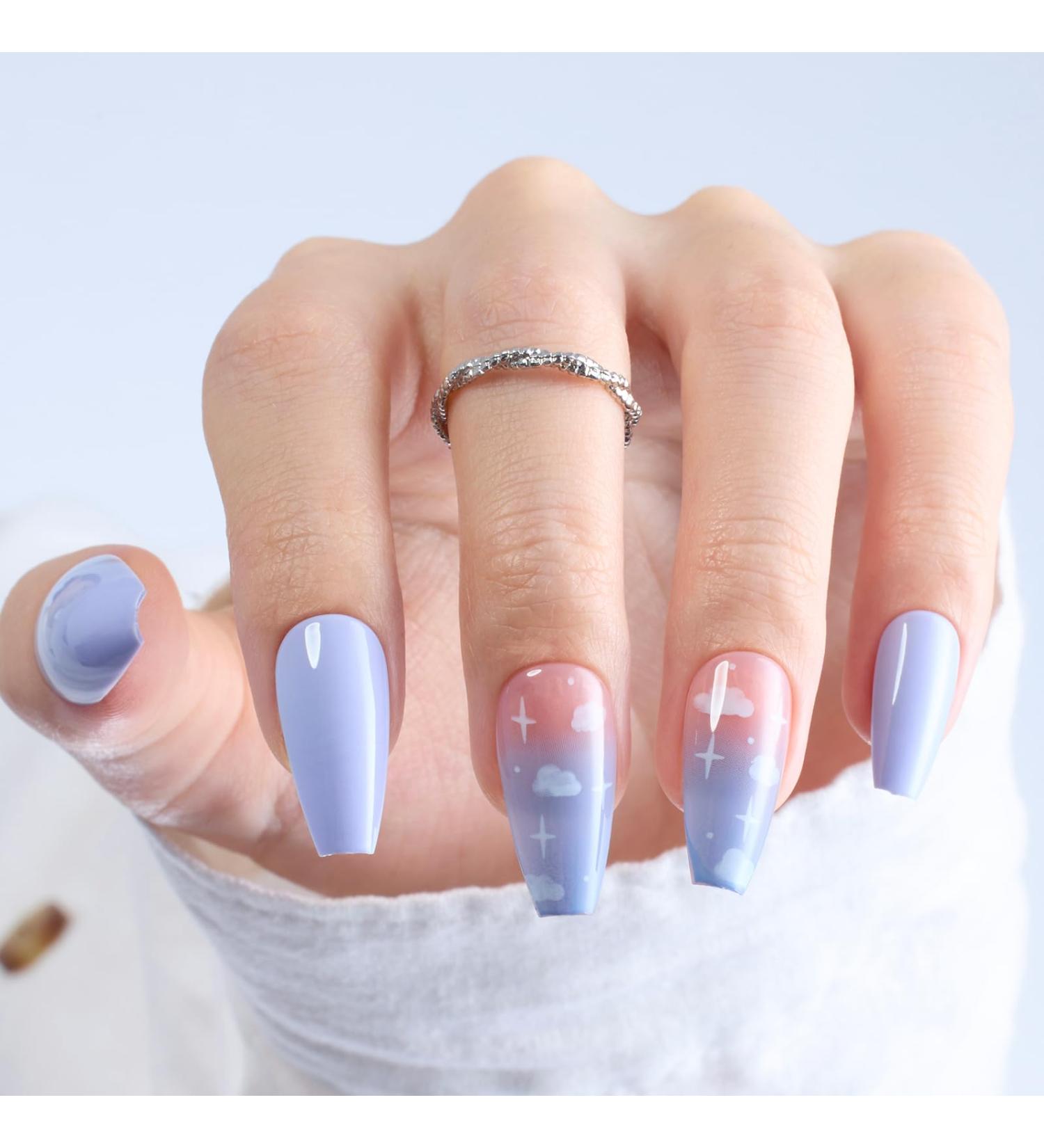 Bettles Press On Nails - Medium Coffin Soft Gel Ombre | 28pcs 14 Sizes Natural & Reusable Stick On Nails with Glue - Cloudy Lullaby - Buy Online on GoSupps.com