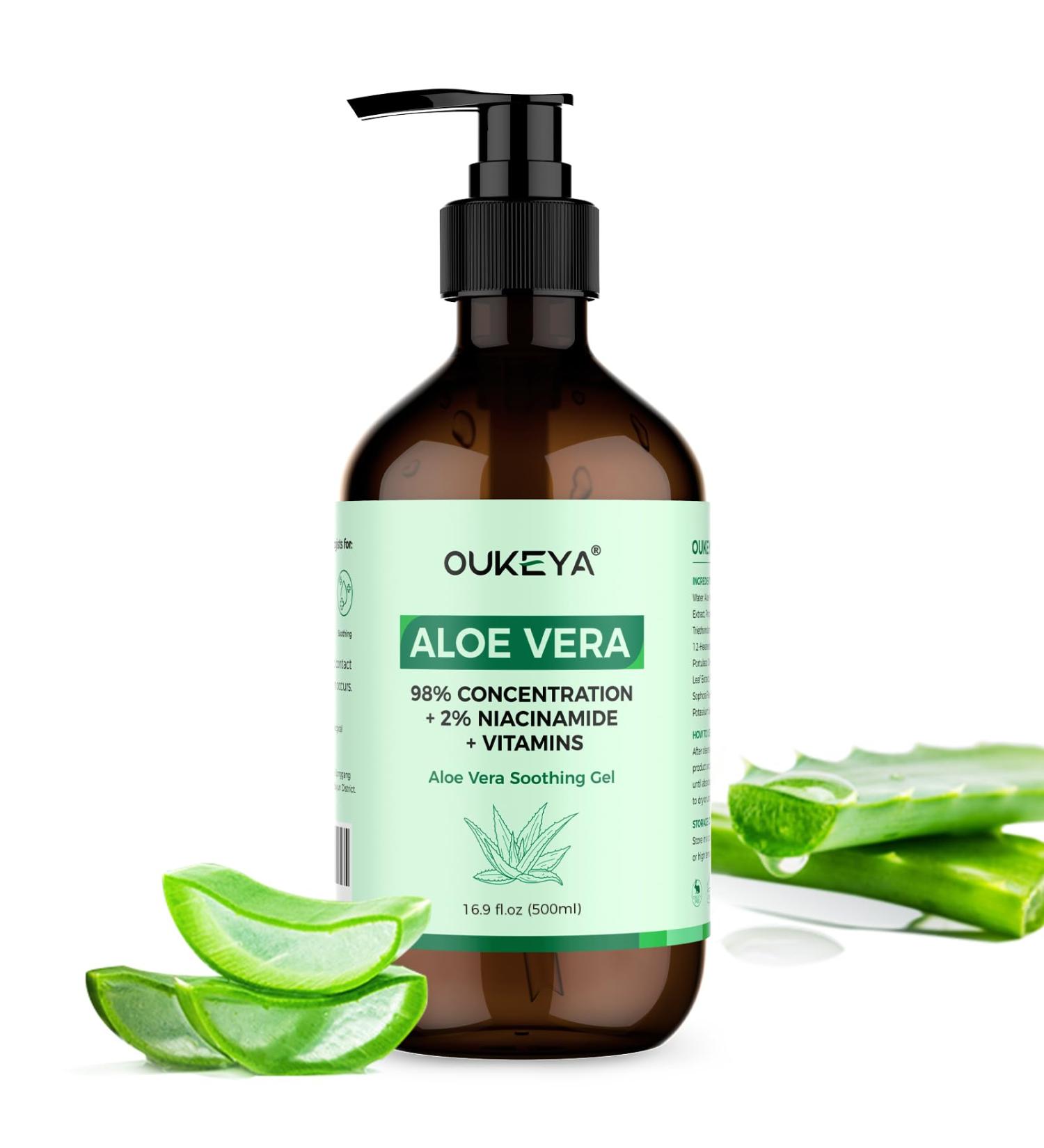 OUKEYA 500ml Aloe Vera Gel Bio - 2% Niacinamide Gel L Aloe Vera Cheveux Visage Corps - En Cas Coups Soleil Rougeurs & Peau S che Apaise Renforce Barri re Cutan e & Test Dermatologiquement - Buy Online on GoSupps.com
