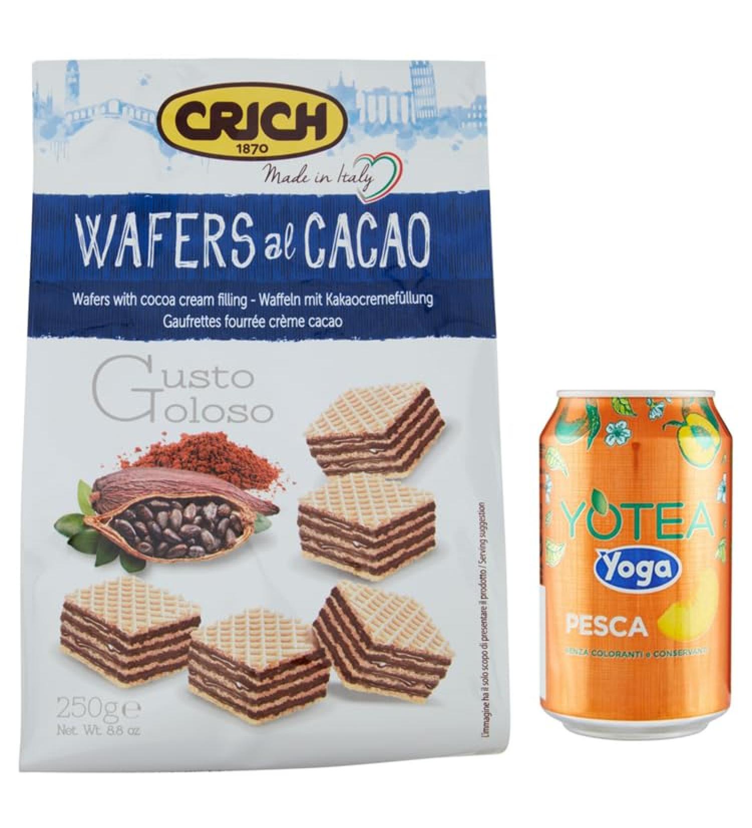 Crich Wafers with Cocoa Cream Pack of 10 sweet biscuits with cocoa cream 250g bag + 1 can of peach yoga iced tea 330ml - Buy Online on GoSupps.com