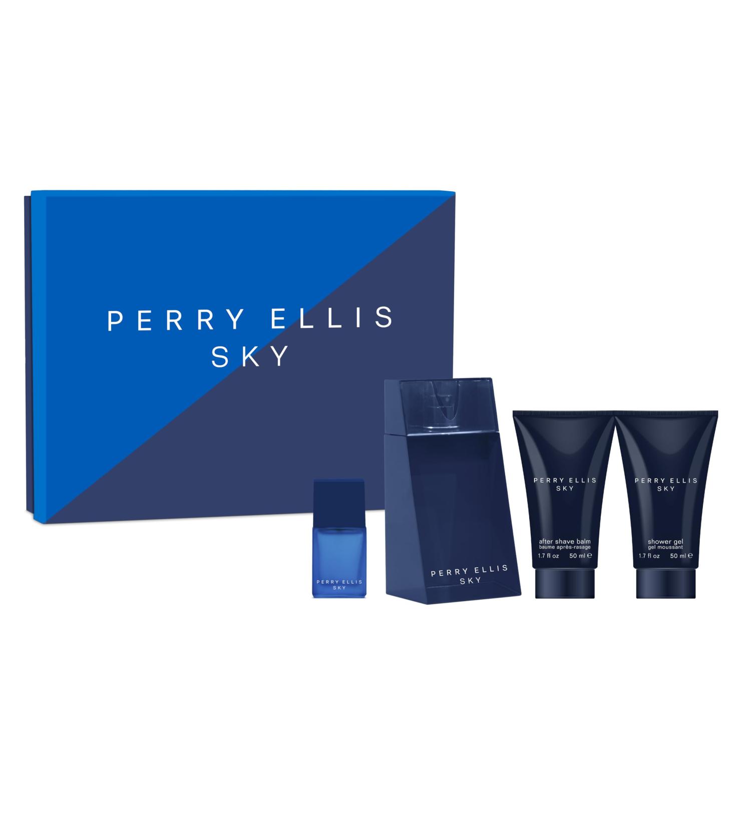 Perry Ellis Sky 4-Piece Men's Gift Set - 3.4 oz eau de toilette 1.7 oz aftershave 1.7 oz shower gel .25 oz EDT mini travel spray - Buy Online on GoSupps.com