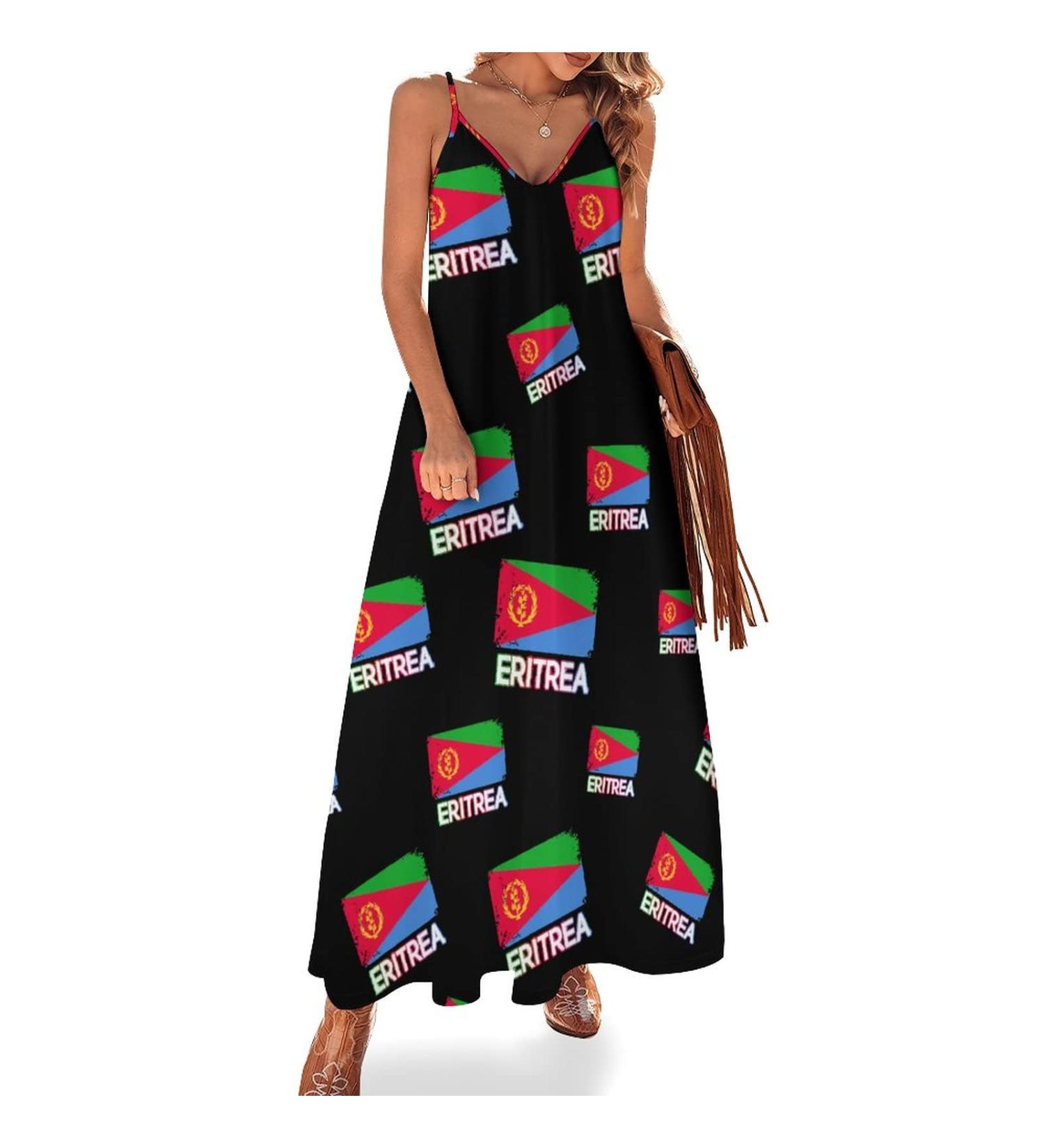 Eritrean Flag Women's Spaghetti Strap Swing Dress - Large | Black Sundress for Beach Vacation & Graduation - Buy Online on GoSupps.com