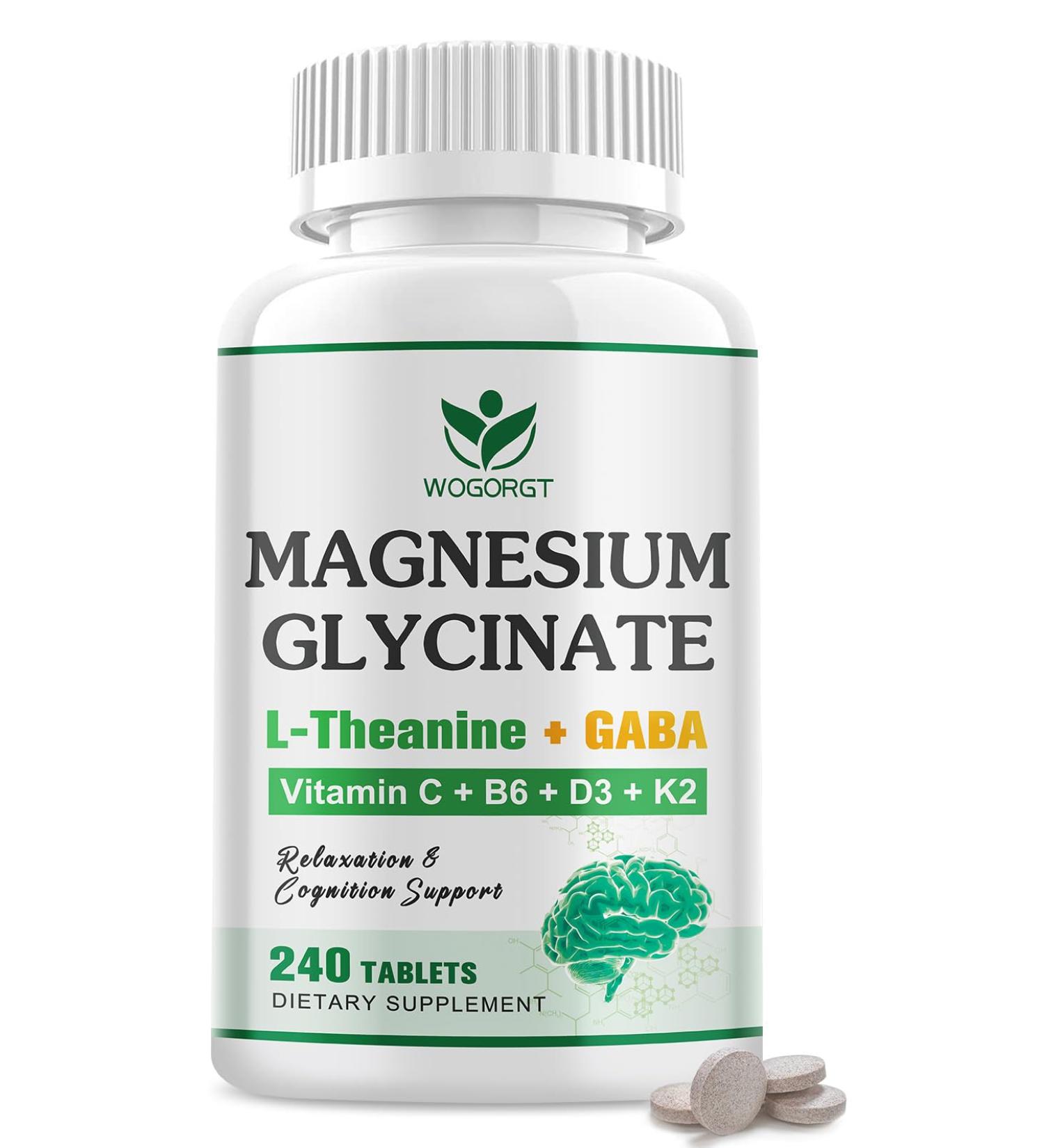 Magnesium Glycinate and L-Theanine Supplement - Relaxation & Cognition Support - 400mg Magnesium Supplement with L-Theanine GABA Chamomile B6 D3 & K2 for Adults & Teens Vegan - 240 Tablets - Buy Online on GoSupps.com