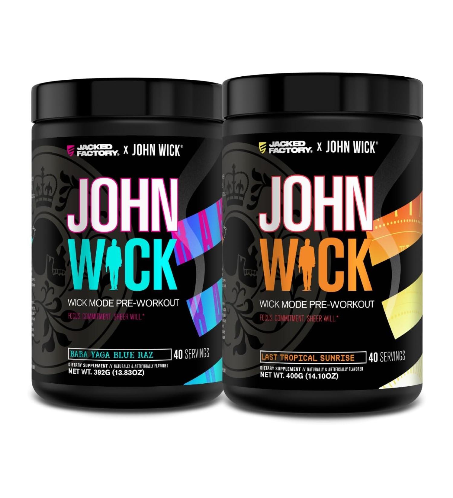 Jacked Factory X John Wick - Wick Mode Pre Workout Powder - Intense Energy Battle-Ready Focus Unstoppable Commitment and Sheer Will - Baba Yaga Blue Raz & Last Tropical Sunrise - Buy Online on GoSupps.com