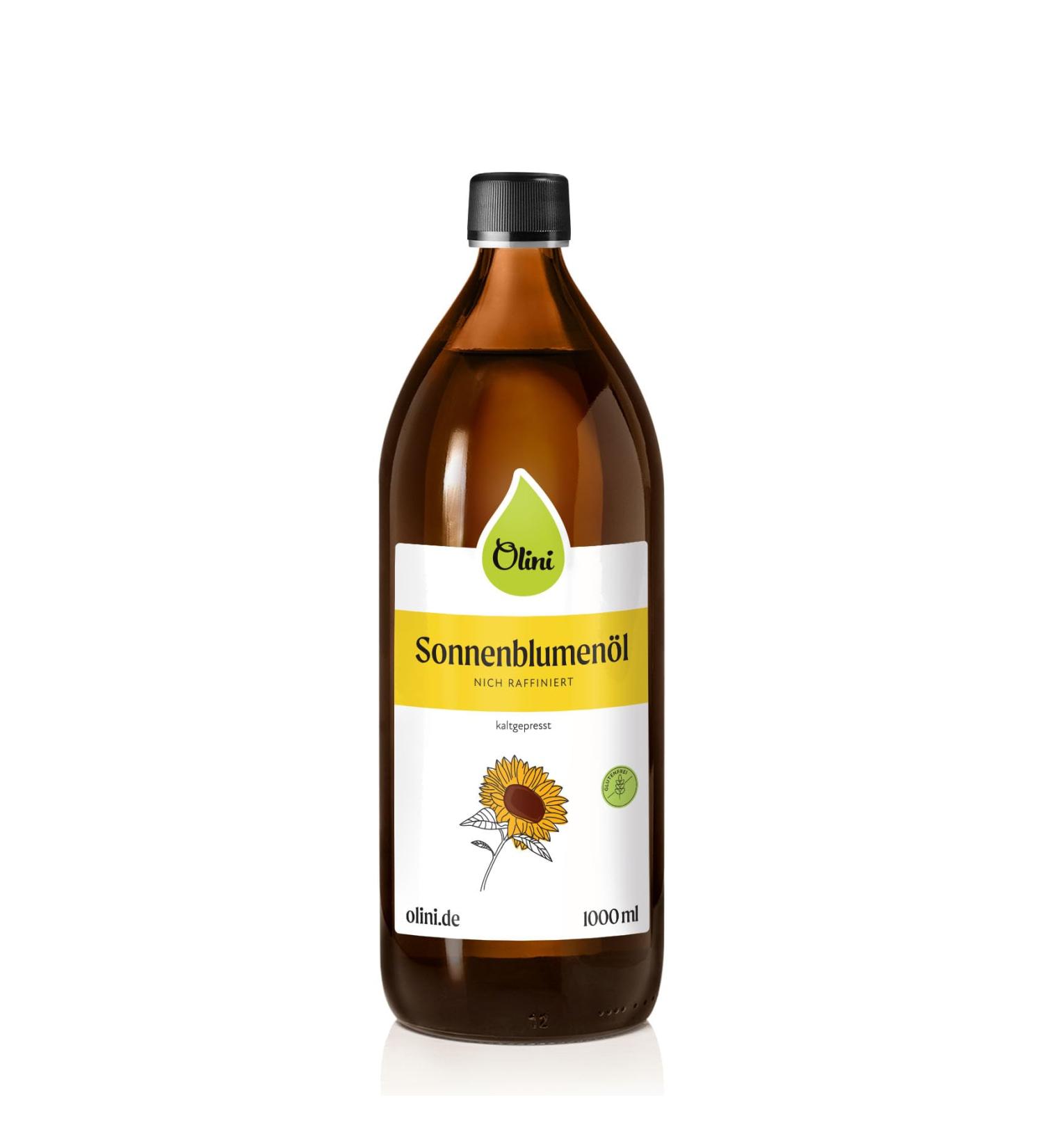 Olini Sunflower Oil 1000ml - Freshly Pressed Cold-Pressed Natural Oil in Glass Bottle | Perfect for Your Kitchen - Buy Online on GoSupps.com