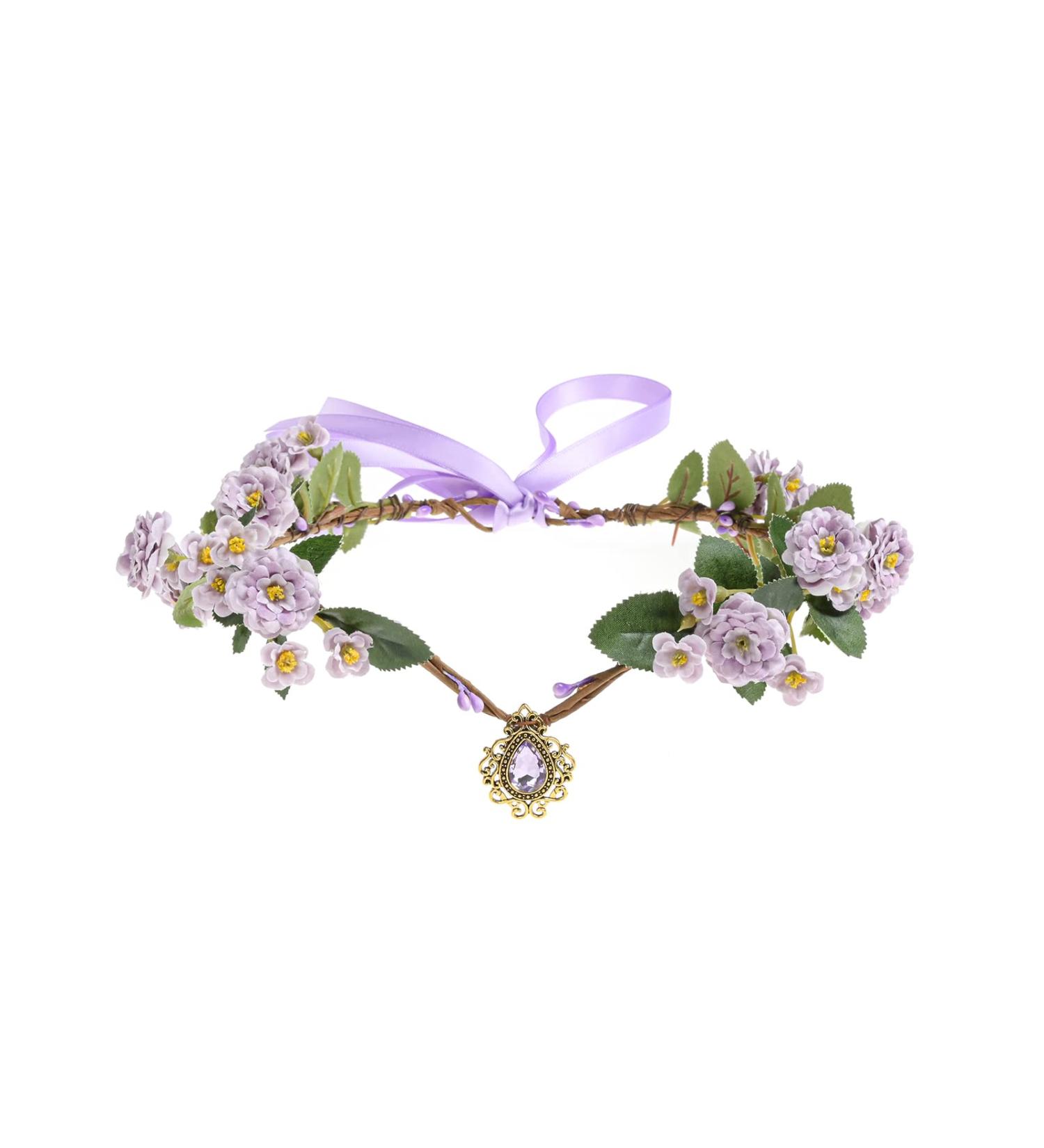 Funsveta Women Rose Floral Crown Hair Wreath Leave Flower Headband with Adjustable Ribbon (Green and purple)