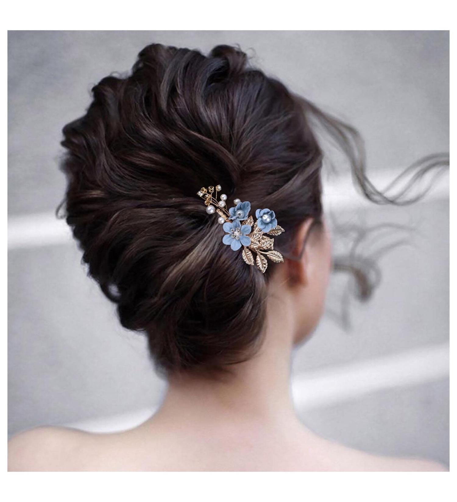 Dervivea Bridal Leaf Flower Hair Comb Pearl Wedding Hair Combs Blue Flower Side Comb Rhinestone Crystal Headpiece Decorative Hair Accessories For Women And Girls Headdress (Blue flower) - Buy Online on GoSupps.com