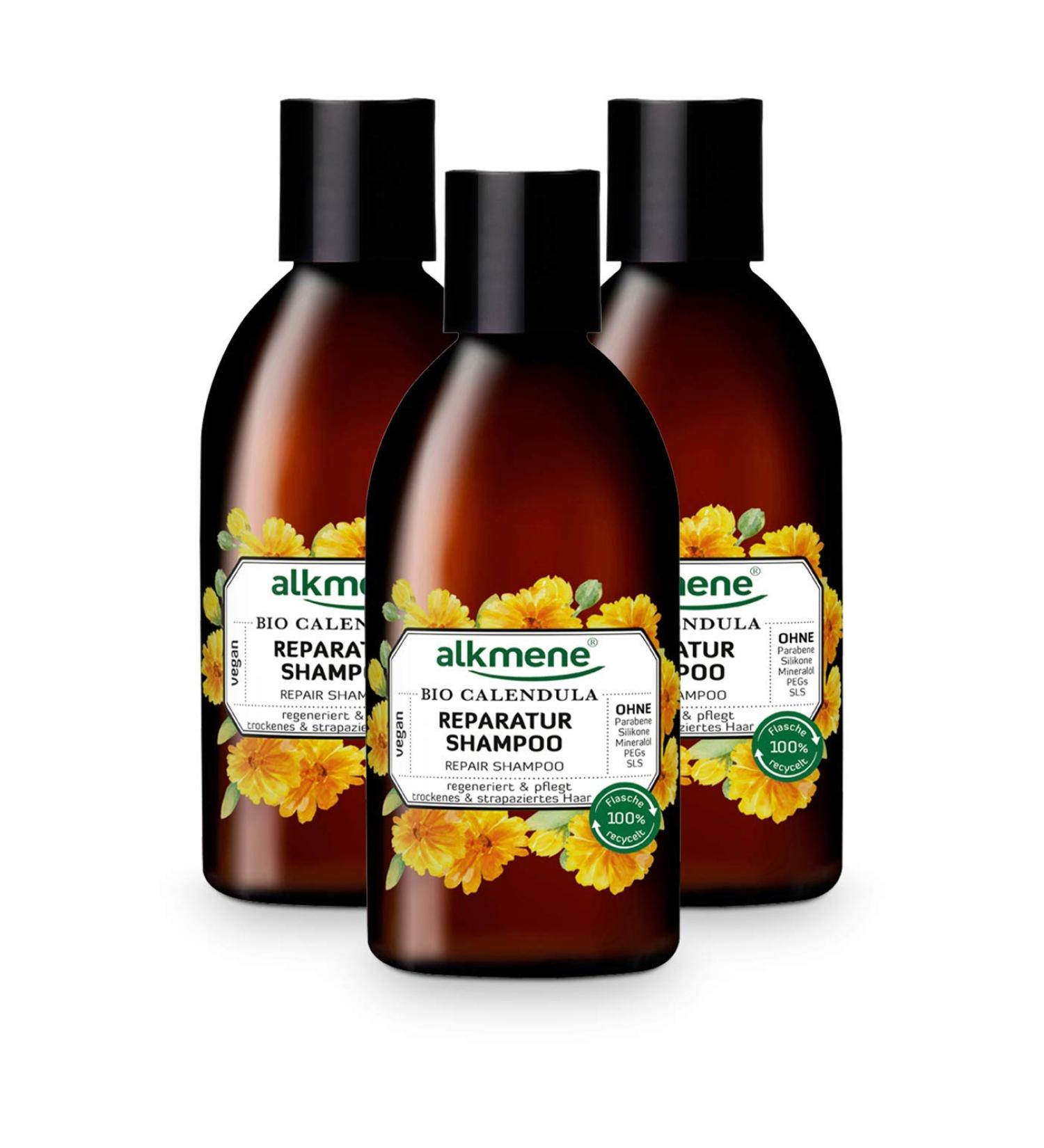 alkmene Organic Calendula Repair Shampoo - Shampoos for dry and damaged hair - Plant-based shampoo without silicone parabens mineral oils SLS and SLES - Shampoos (3x 250 ml) - Buy Online on GoSupps.com