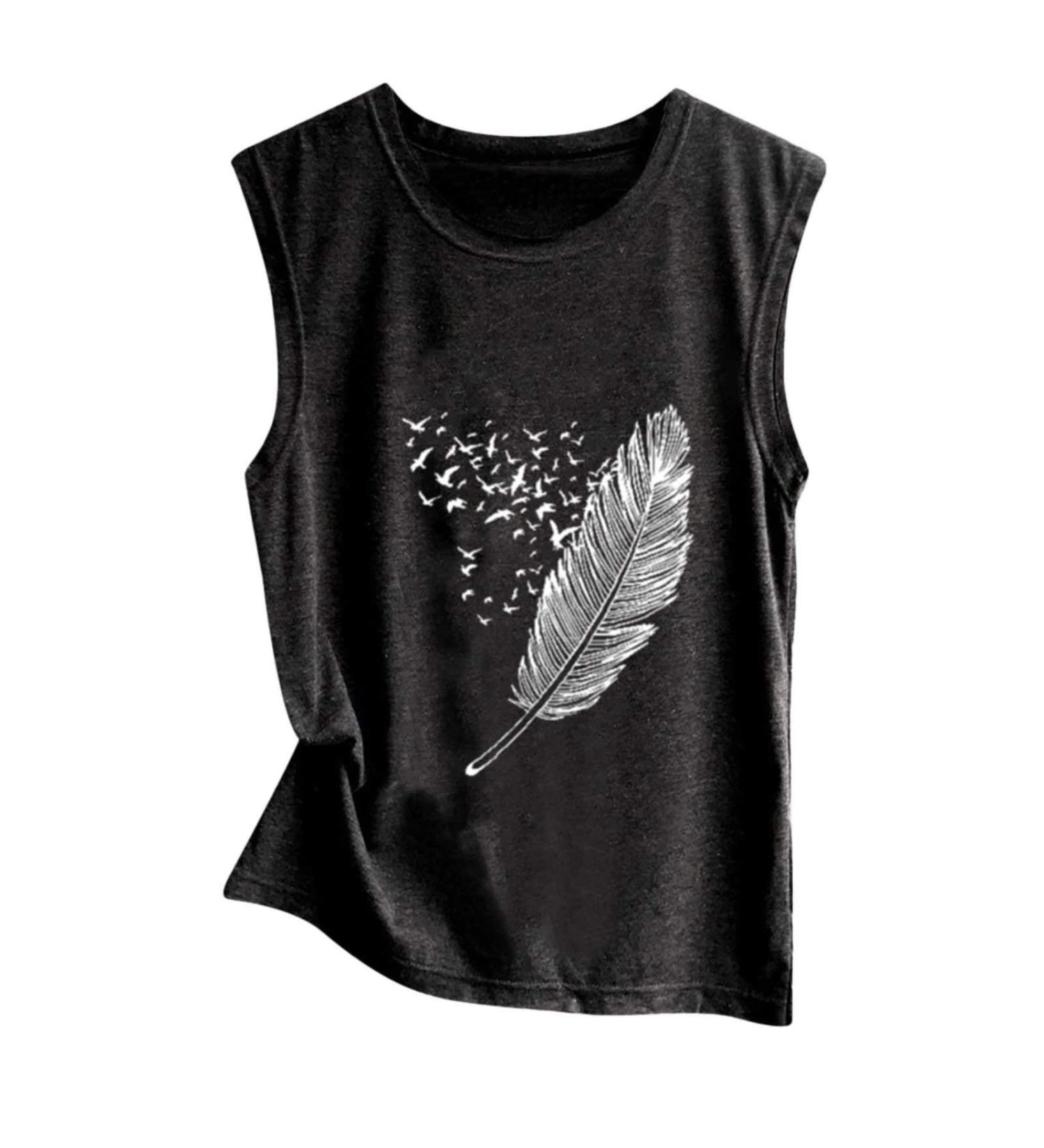 Women's Sleeveless Flying Birds Feather Print Tank Top - Round Neck Loose Pullover Blouse - Buy Online on GoSupps.com