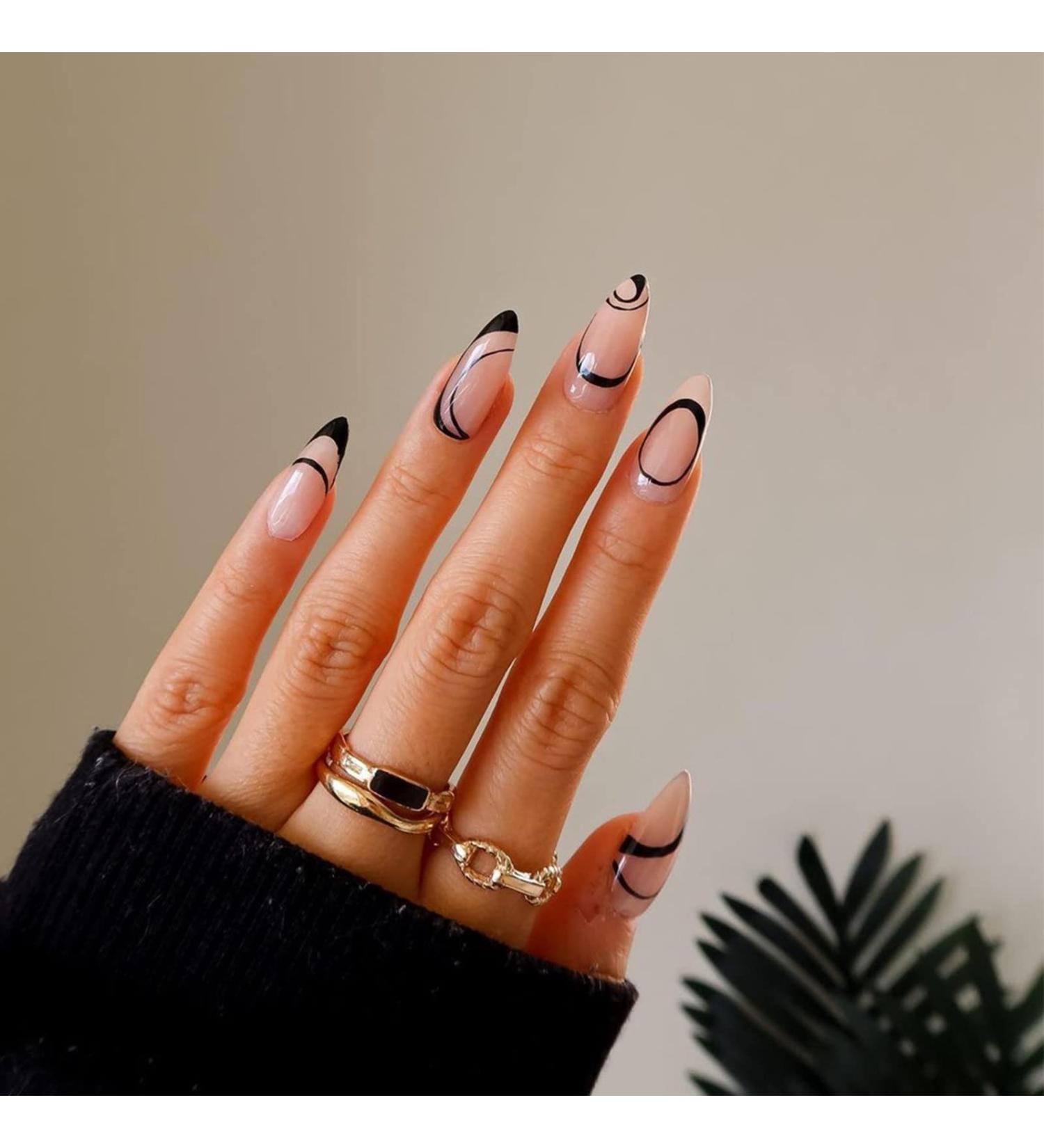 Justotry 24 Pieces Almond Black French Artificial Press On Nails - Short Swirl Stiletto Acrylic Fingernails for Women - Buy Online on GoSupps.com