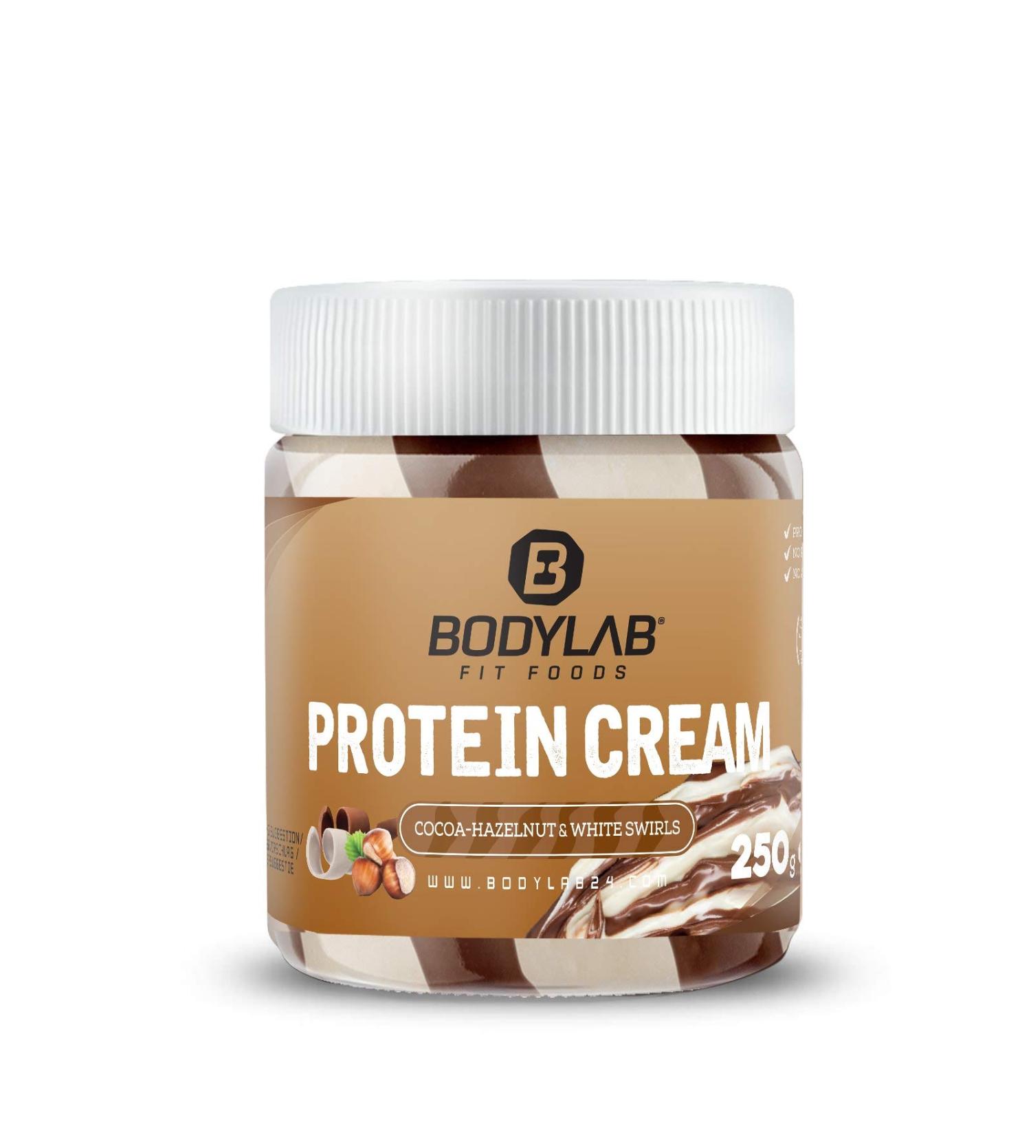 BODYLAB24 Protein Cream Cocoa-Hazelnut & White SWIRLS 250G / Brot spread with 21g protein per 100g / cocoa-hazelnut cream with stripes made of white chocolate / with real hazelnuts / without palm oil