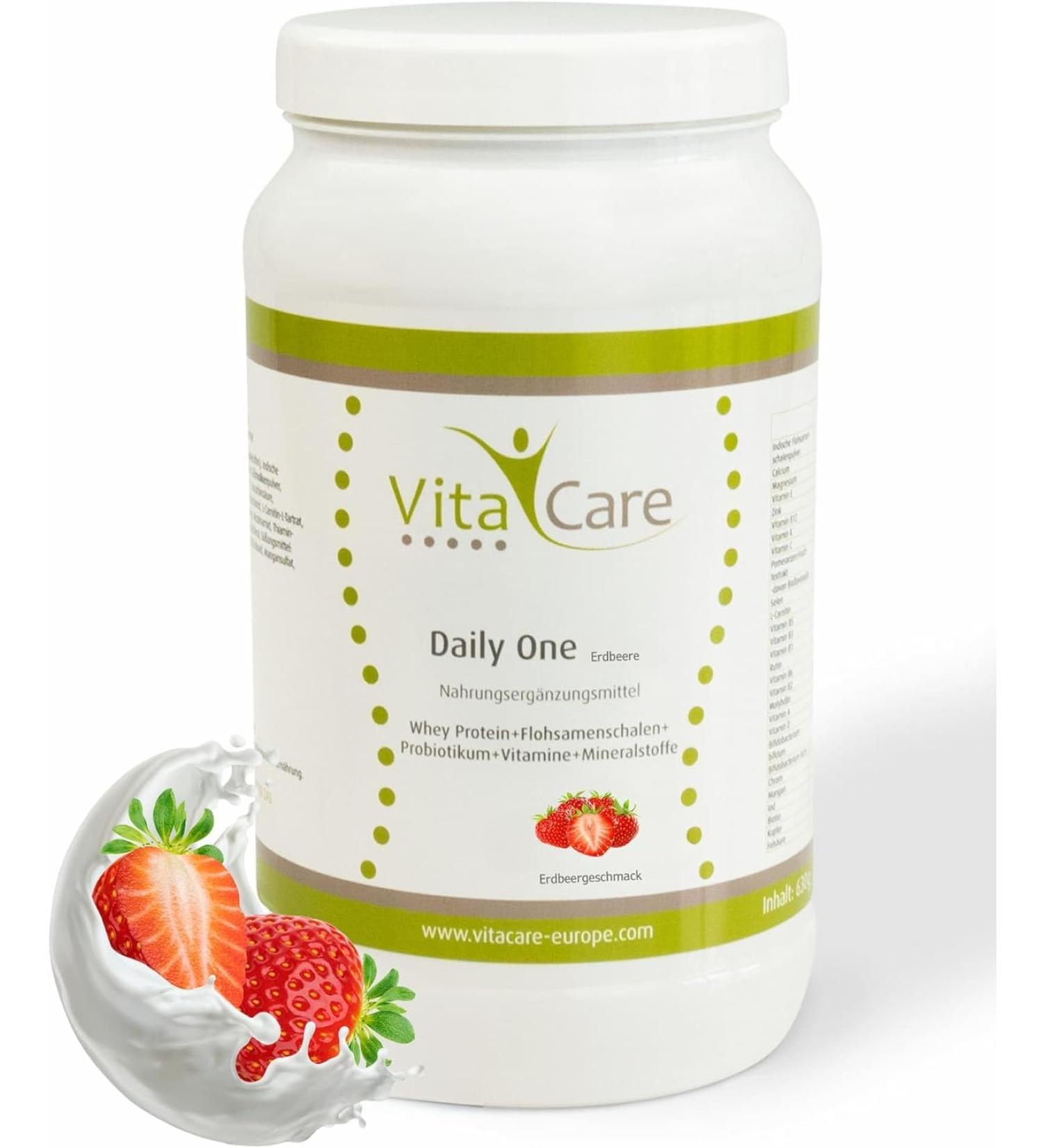 Vitacare Daily One Strawberry Protein Shake - 630G Whey Protein Powder with Psyllium | Protein-Rich Dietary Supplements for Fitness - Buy Online on GoSupps.com
