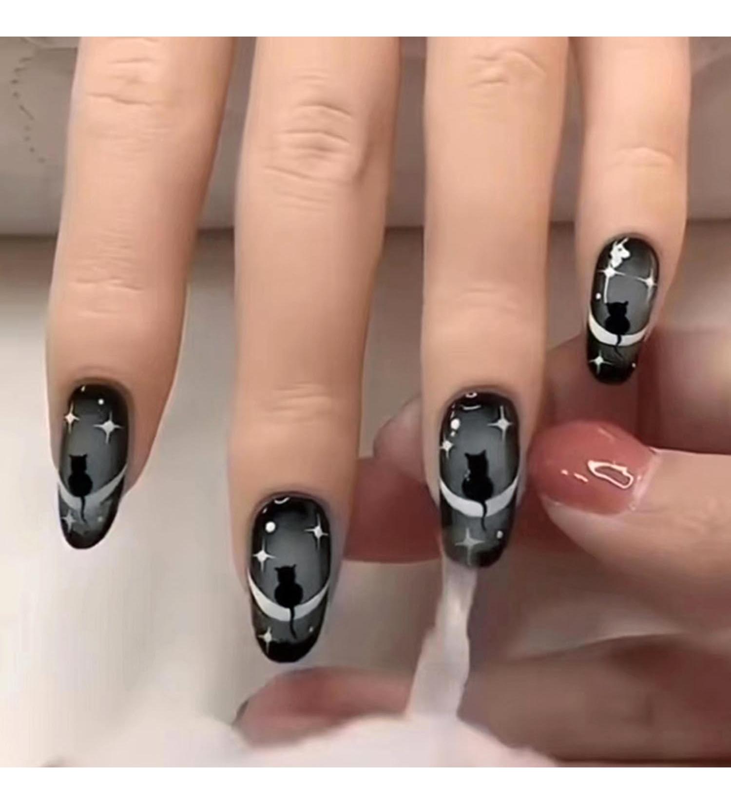 Medium Oval Press on Nails - Black Cat Star | Glossy Reusable Artificial Nails for Women | Full Cover Stick-On Acrylic Manicure - Buy Online on GoSupps.com