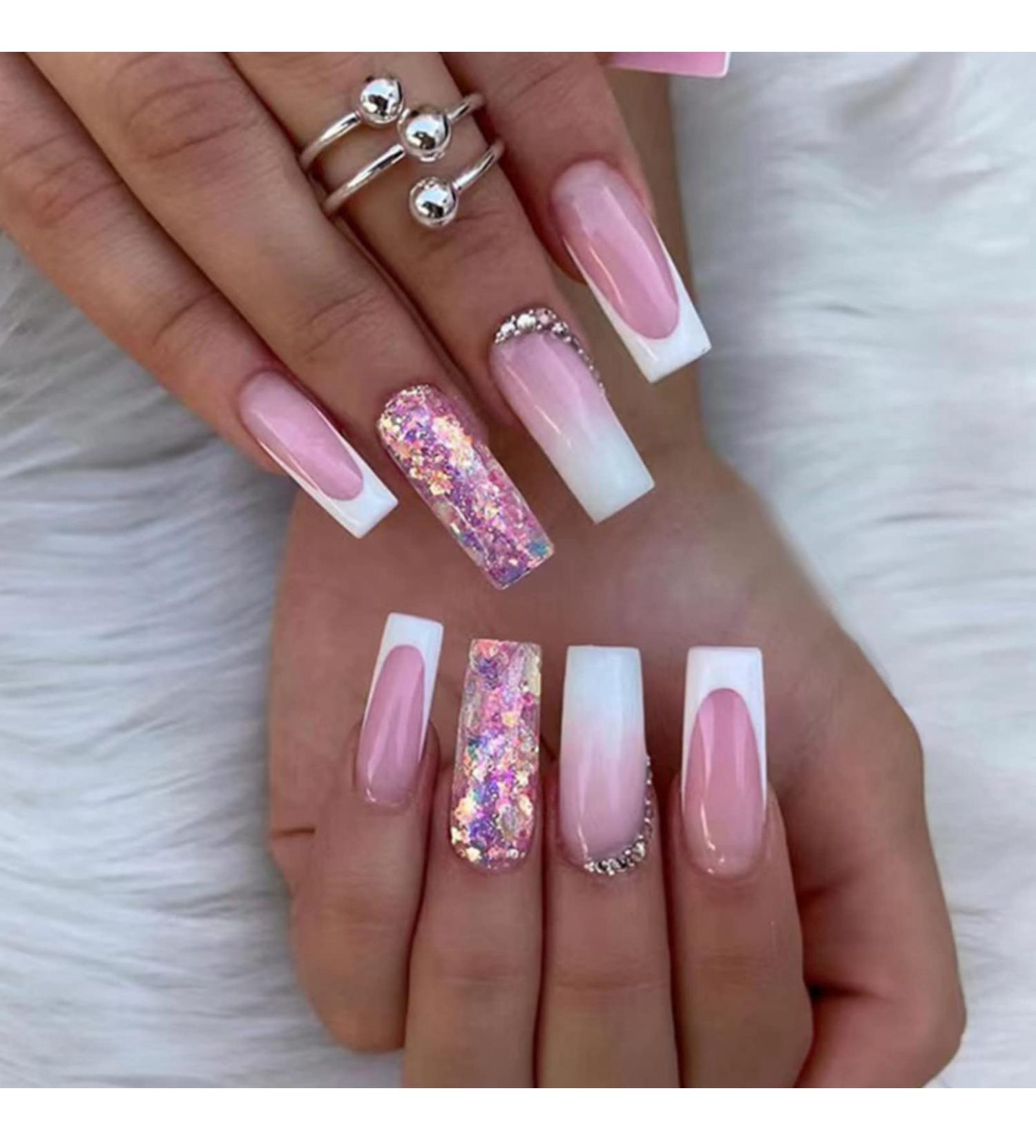 Justotry Glitter French Fake Nails - 24 Pcs White & Pink Diamond Patterns | Medium Ballerina Shape Acrylic Coffin False Nails with Glue - Buy Online on GoSupps.com
