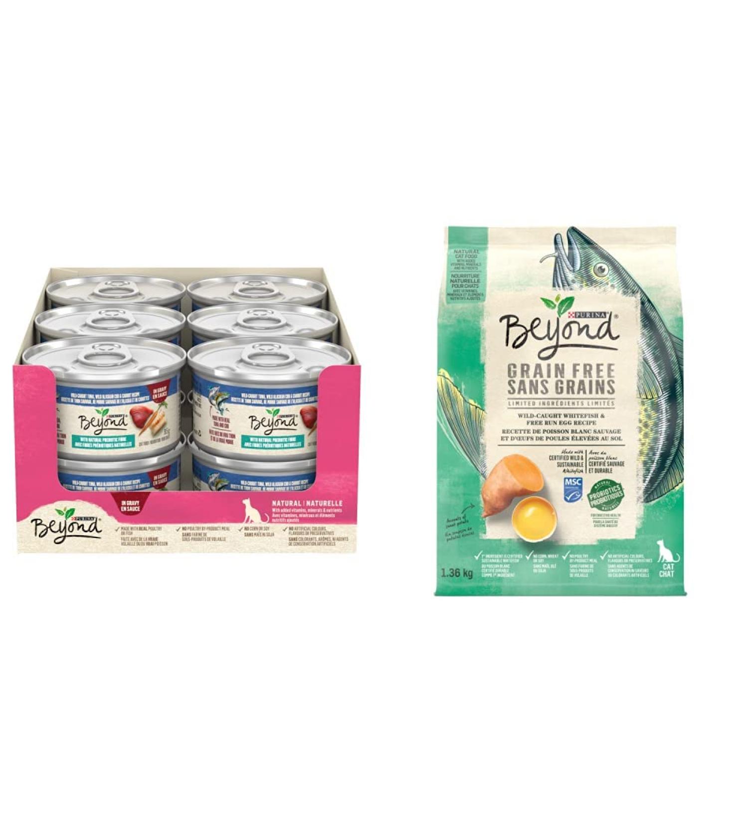 Beyond Grain Free Wet Cat Food Tuna Mackerel & Carrot Recipe (12 Pack) + Beyond Grain Free Natural Dry Cat Food Ocean Whitefish & Egg (1.36 kg) - Buy Online on GoSupps.com