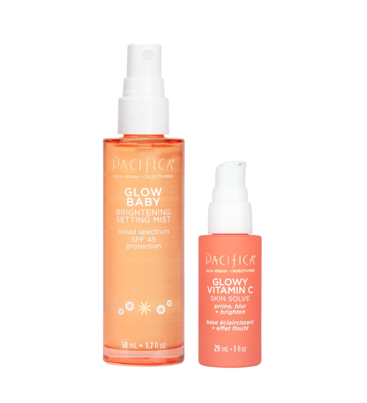 Pacifica Beauty  Glowy Vitamin C Makeup Primer & Glow Baby Brightening SPF 30 Makeup Setting Spray Duo  Mineral Sunscreen  Brighten  Prime  Blur  Minimize Appearance of Pores  Glowy Skin  Vegan