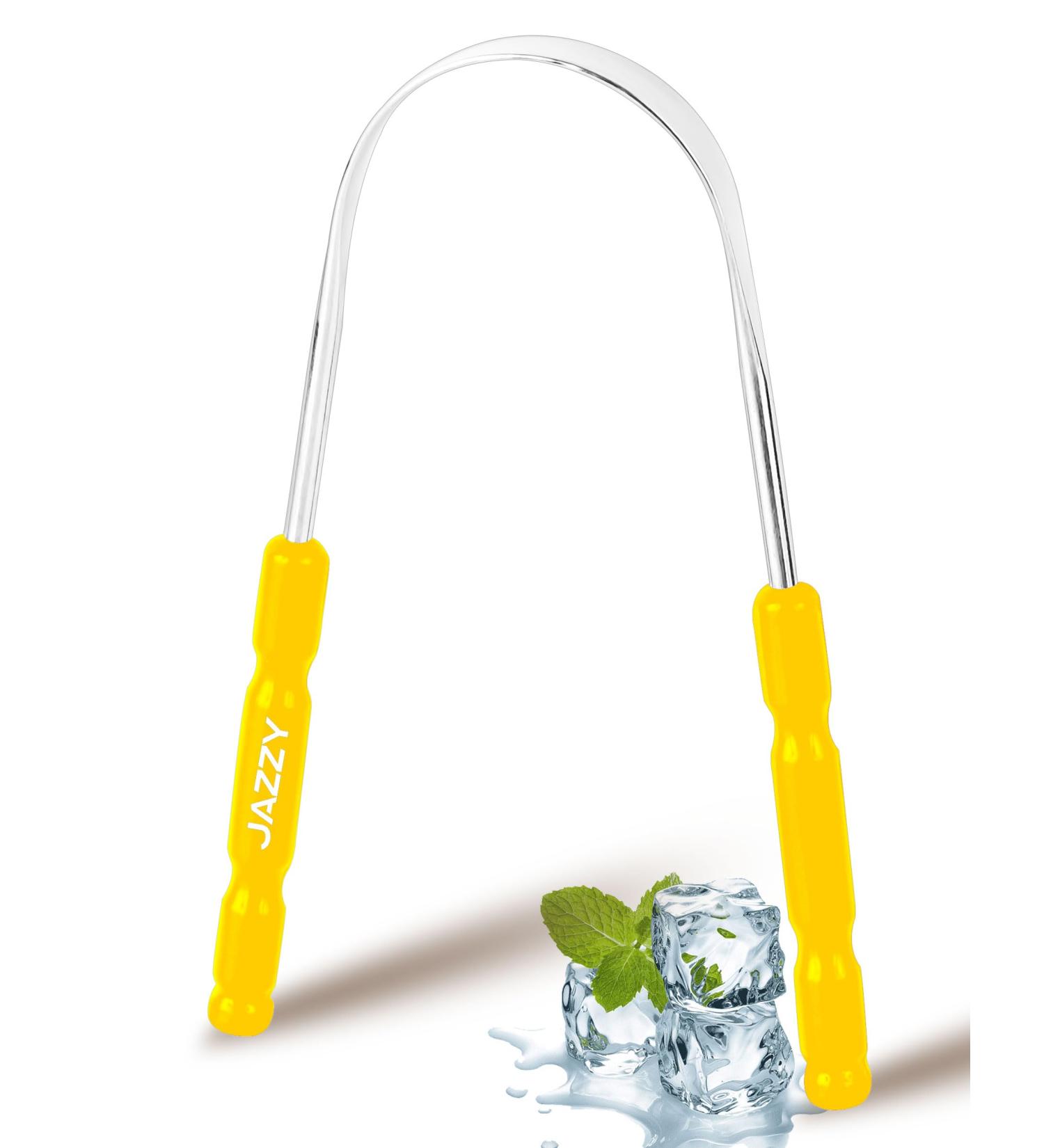 Jazzy Tongue Scraper for Adults & Kids - Stainless Steel Tongue Cleaner | Bad Breath Relief & Oral Hygiene | Yellow Tongue Scrubber - Buy Online on GoSupps.com