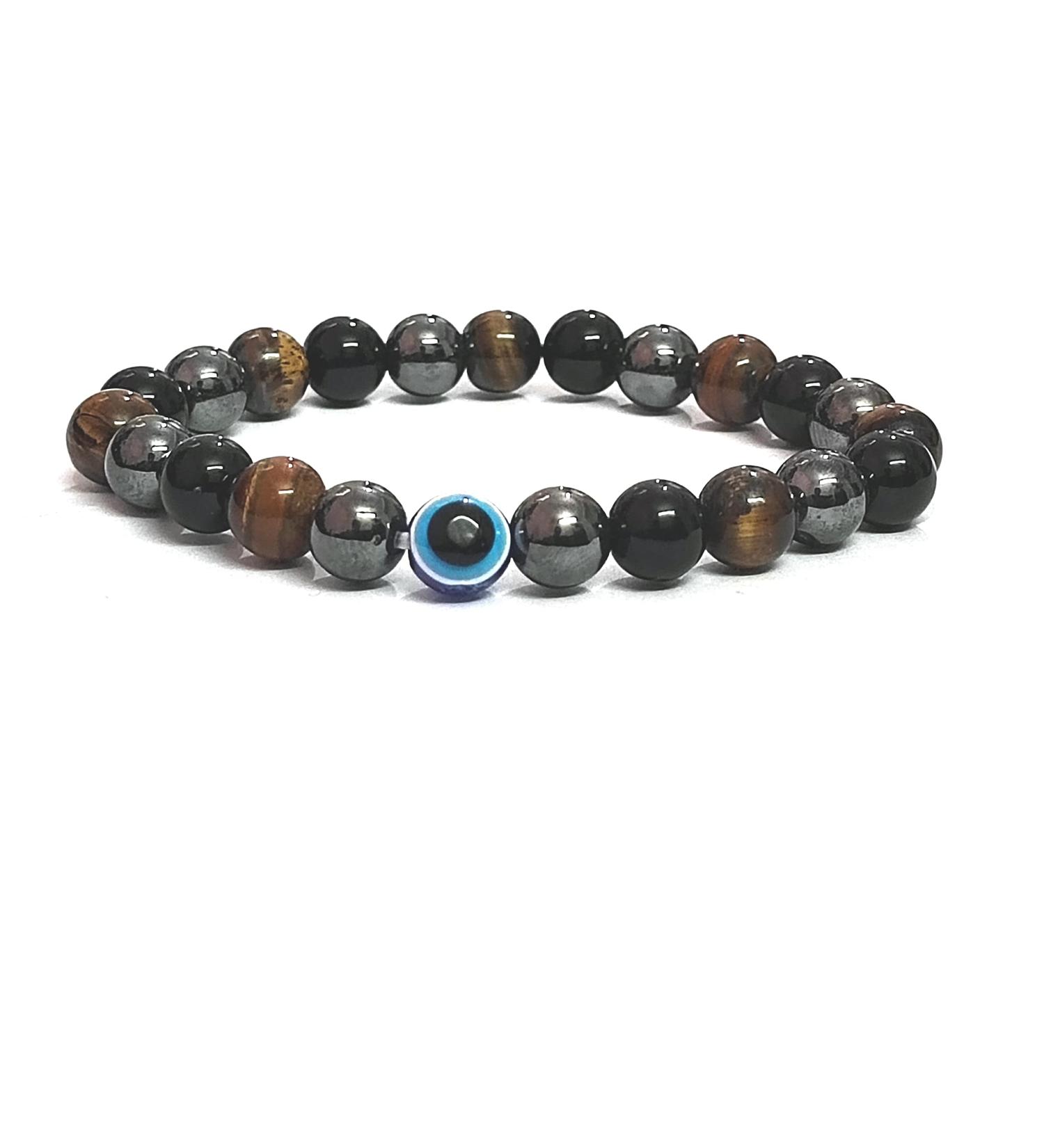 Natural Black Obsidian Hematite Tigers Eye Crystals Triple Protection With Evil Eye Crystals Bracelet For Men And Women Standard Crystal Tiger's Eye
