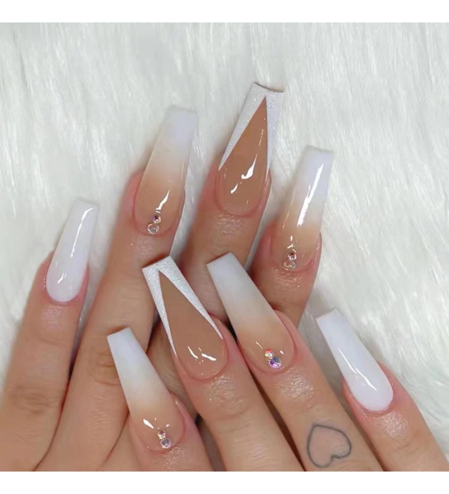 French Tips Rhinestone Gradient Press-on Nails by RUNRAYAY - Full Cover Coffin Shape Fake Nails for Women - Acrylic Stick-on Nail Set for Spring/Summer - Buy Online on GoSupps.com