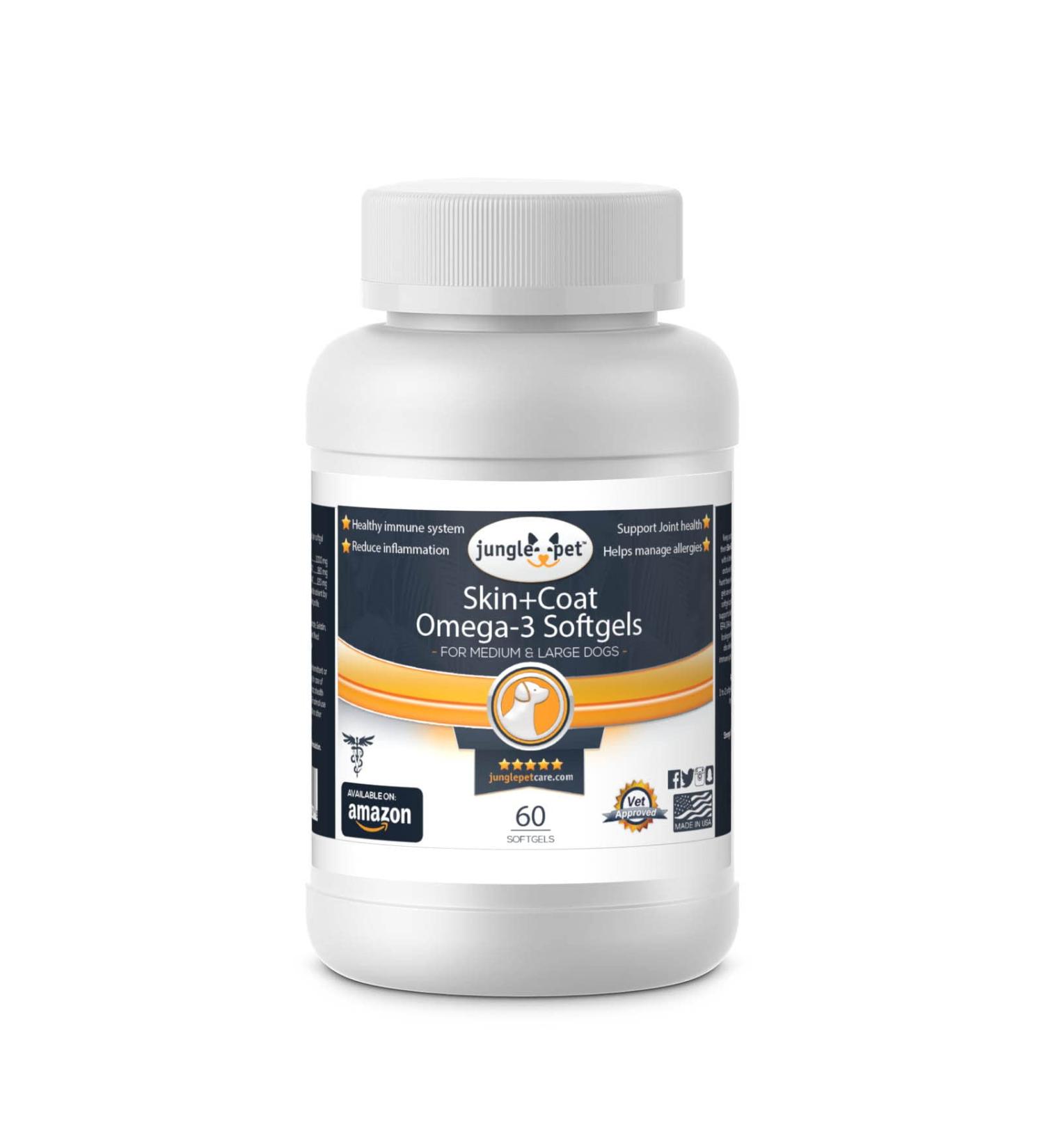 Jungle Pet Omega 3 Fish Oil Softgels for Dogs - 60 ct Medium & Large Dogs - Skin & Joint Support - Buy Online on GoSupps.com