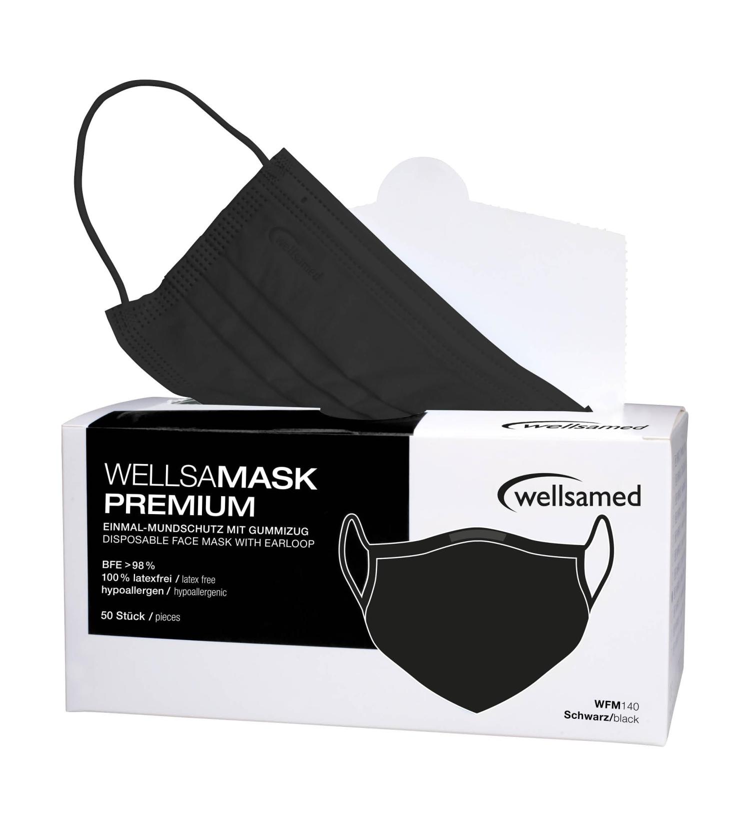 Wellsamed Wellsamask Type IIR Medical Face Mask - 50 Pack Black - Elastic Band Single Colour - International Shipping - Buy Online on GoSupps.com