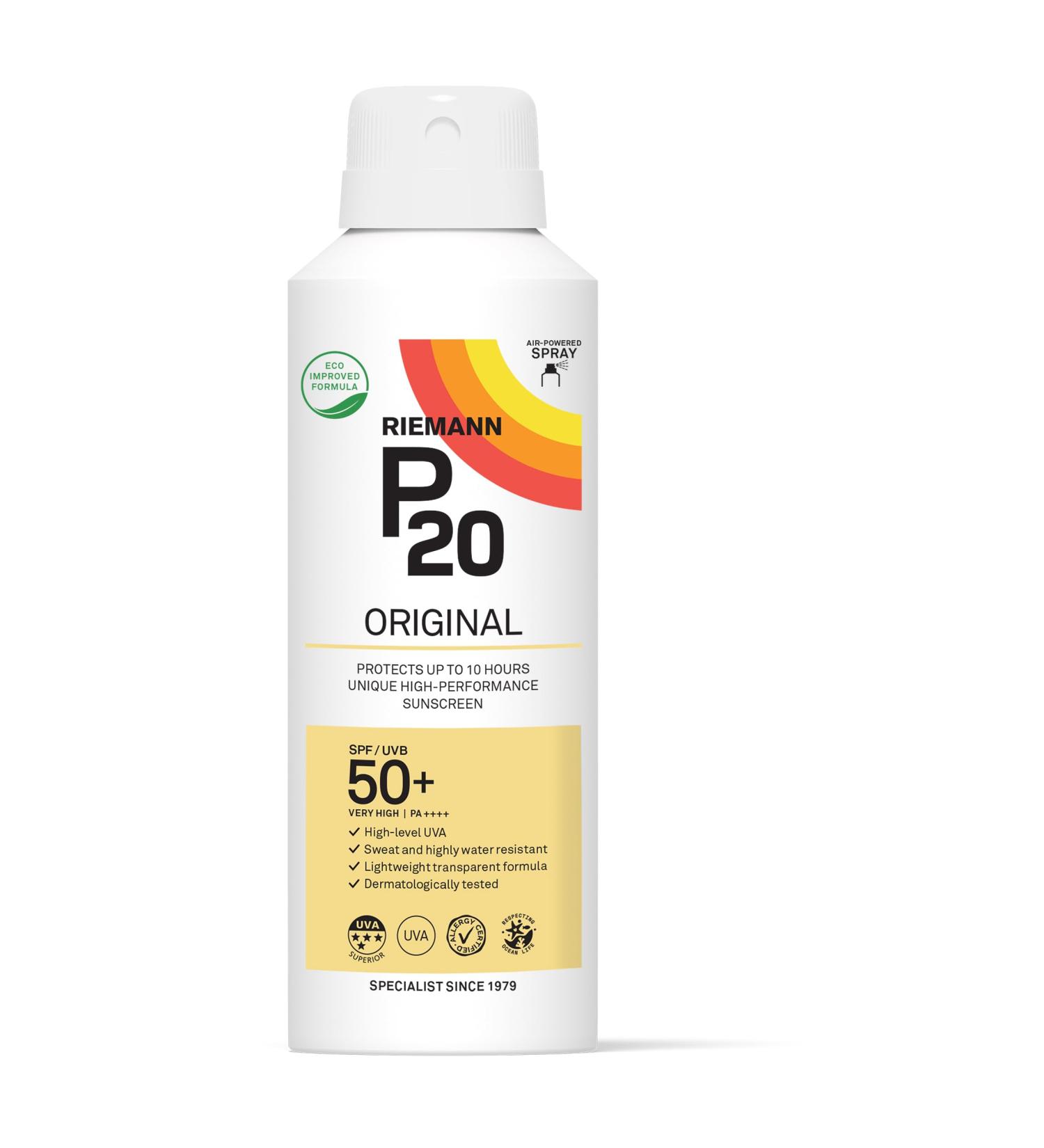 RIEMANN P20 Original Continous Spray SPF50 +Plus 150ml Advanced Sunscreen Protection High Performance Protection + Sweat Resistance Protects up to 10 Hours Very Water Resistant High UVA Protection Hard Packaging - Buy Online on GoSupps.com