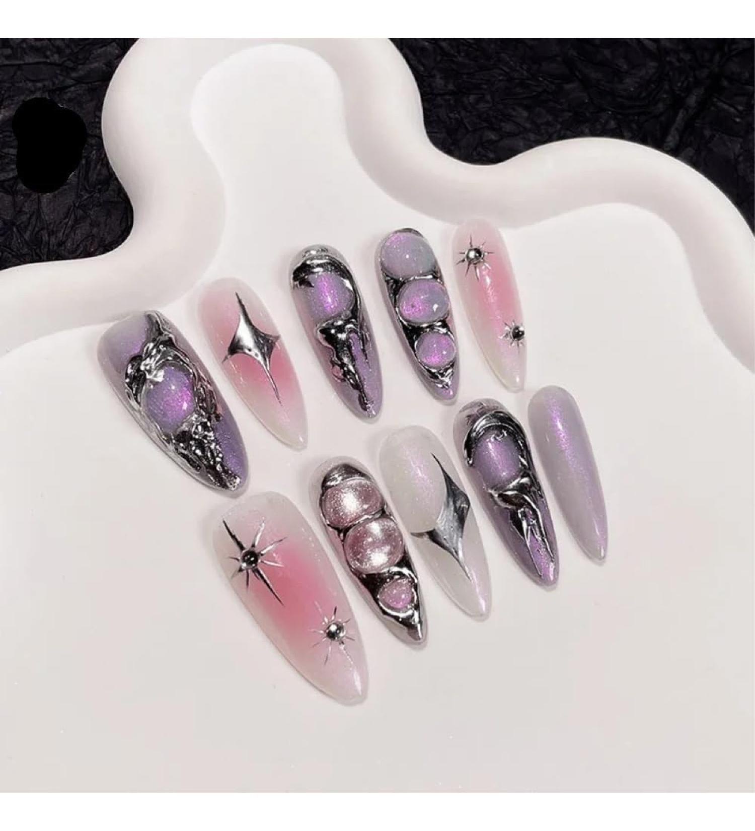 Handmade Nails Press on Full Cover Nails Spice Girl Sweet Cool Metallic Dimensional Long Fake Nails Nail enhancement (Color : 1 Size : L) - Buy Online on GoSupps.com