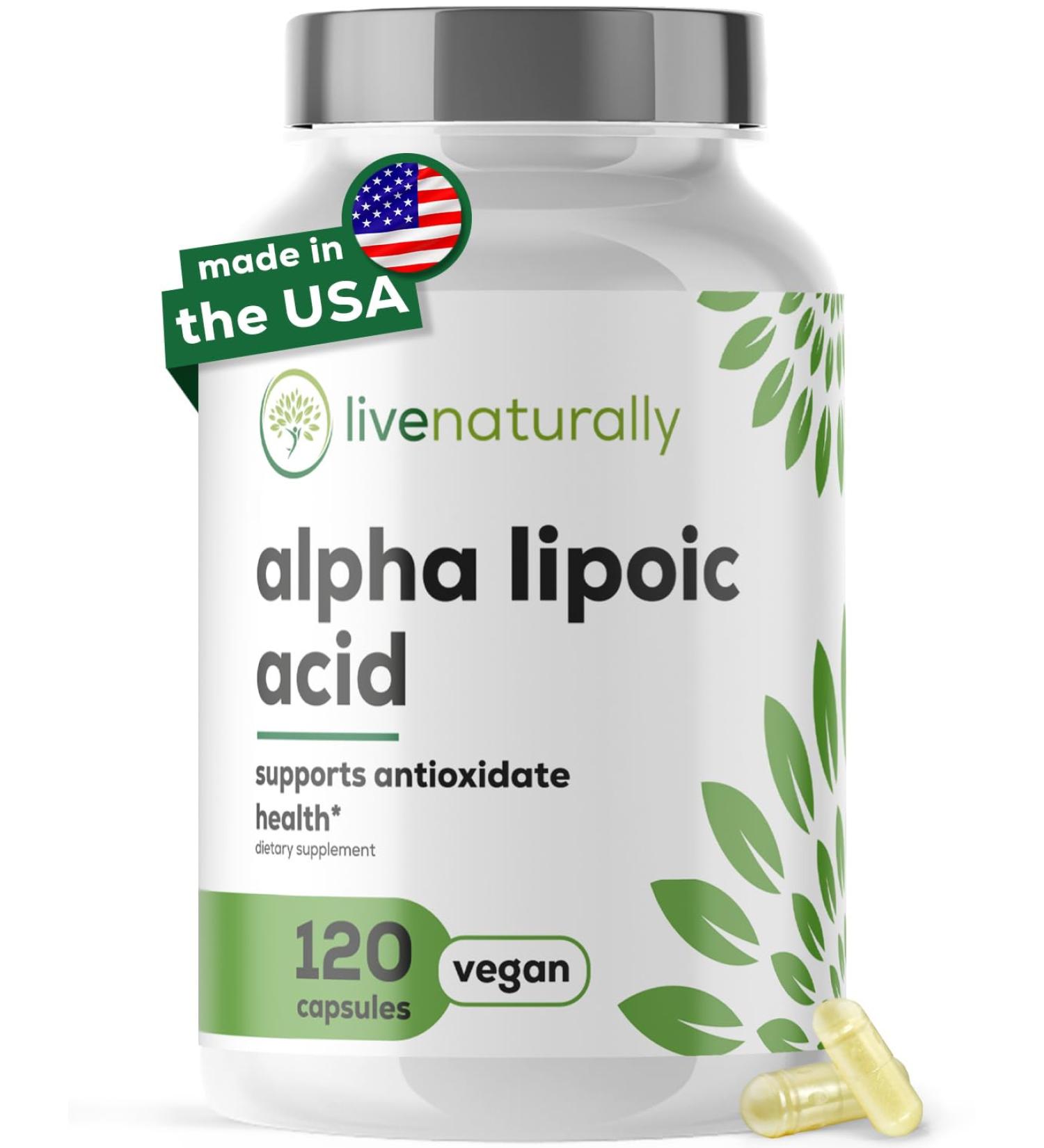 livenaturally Alpha Lipoic Acid 600mg 120 Capsules Premium antioxidant ala Supplement Acido alfa lipoico - Made in USA - Buy Online on GoSupps.com