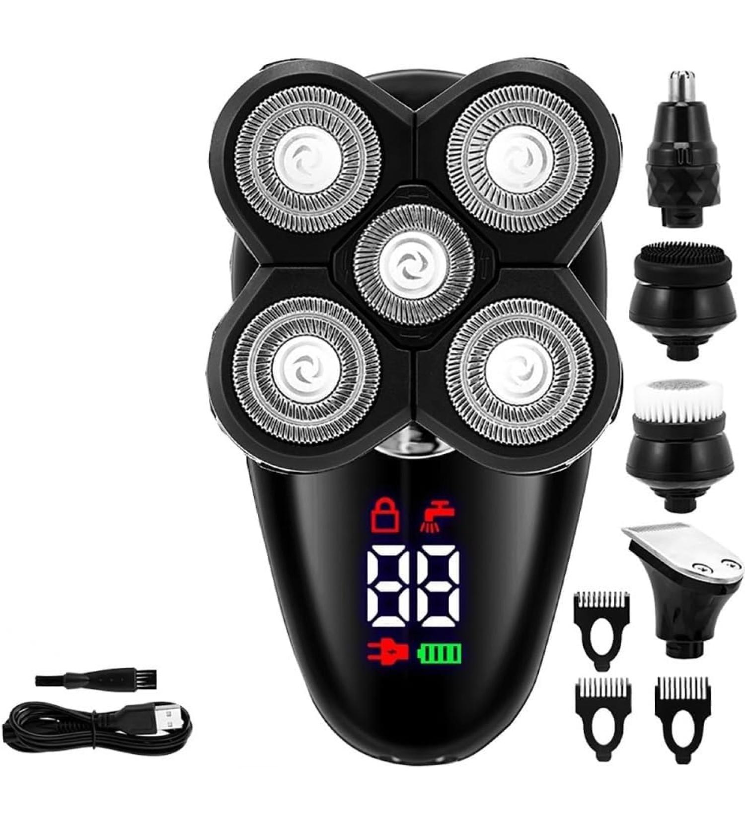 GeRRiT 5 in 1 Electric Shaver for Bald Men | USB Rechargeable Razor with LED Display Nose Hair & Beard Trimmer Facial Cleansing Brush - Buy Online on GoSupps.com