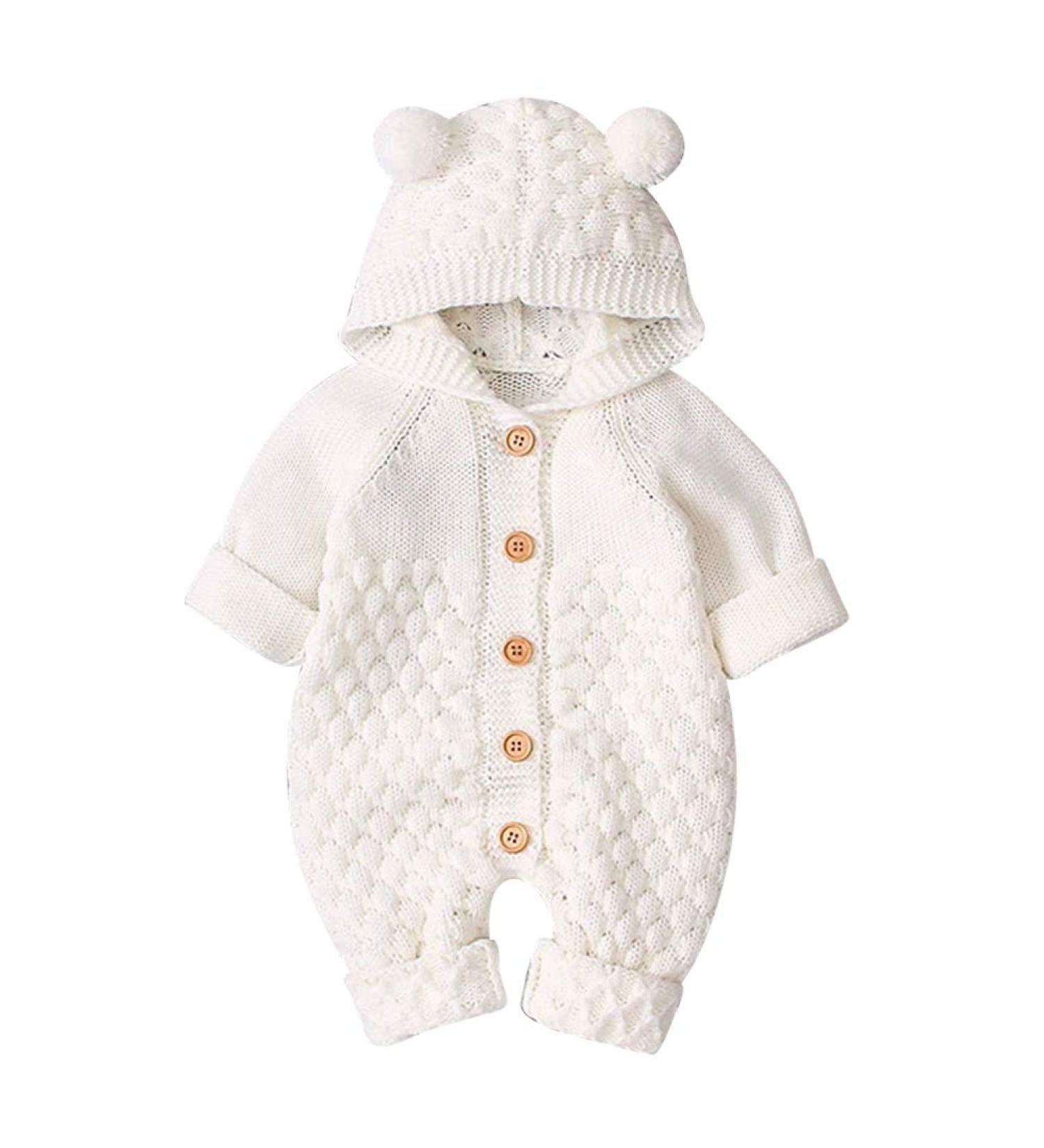 Knitted Hooded Romper Bodysuit | Baby Boy Girl Clothes | Long Sleeve Onesie 18-24 Months | Fall Winter Jumpsuit - White - Buy Online on GoSupps.com