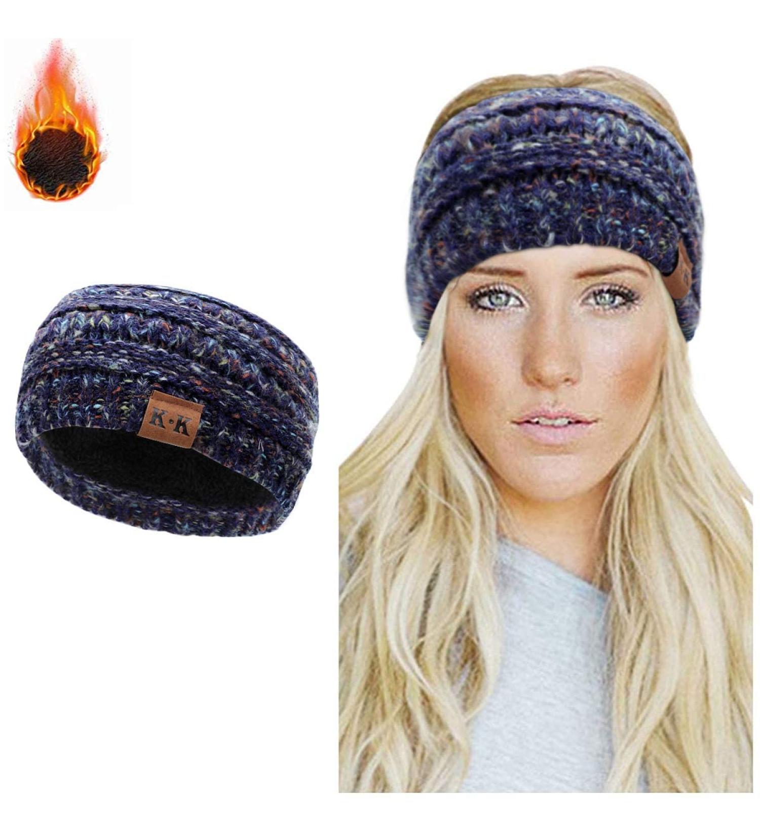 Women's Winter Knitted Headband - Chunky Crochet Braided Ear Warmer | Blue Fleece Lined Turban Headband for Sports, Yoga | Elastic Wide Hairband for Women UK - Buy Online on GoSupps.com