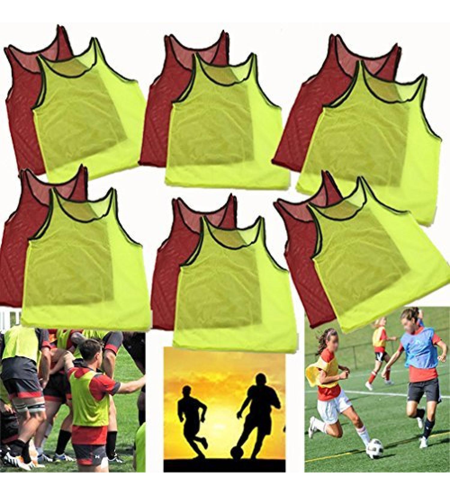 Adorox 12 Pack Youth Scrimmage Team Practice Nylon Mesh Jerseys Vests Pinnies for Children Sports Football, Basketball, Soccer, Volleyball (6 Yellow and 6 Red)