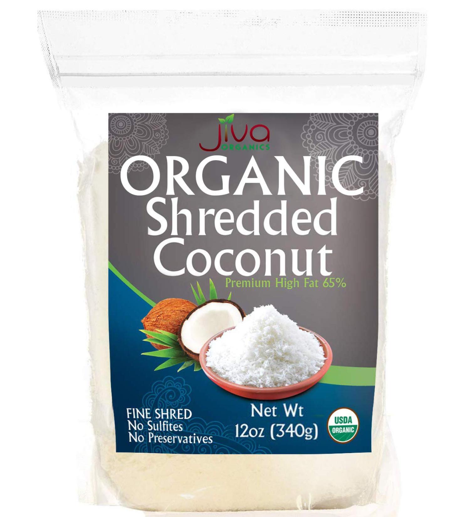 Jiva Organics Organic Shredded Coconut Unsweetened 12oz - Full Fat, Gluten-Free, Non-GMO, Keto & Paleo Friendly for Baking - Buy Online on GoSupps.com