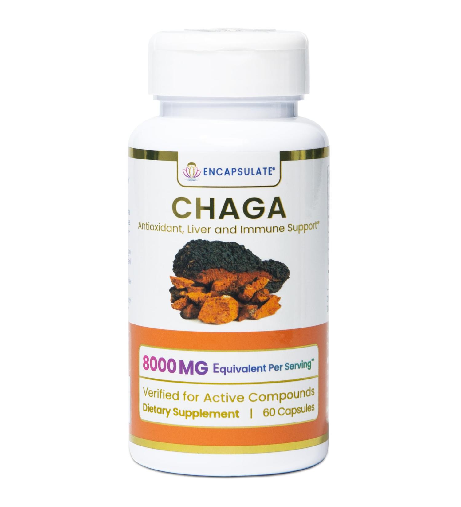 ENCAPSULATE Chaga Capsules 8:1 Extract Premium Organic Fruiting Body 8:1 Mushroom Extract Adaptogen Mushroom Supplement for Antioxidant Digestive & Immune Support Lab Tested 60 Vegan Capsules - Buy Online on GoSupps.com
