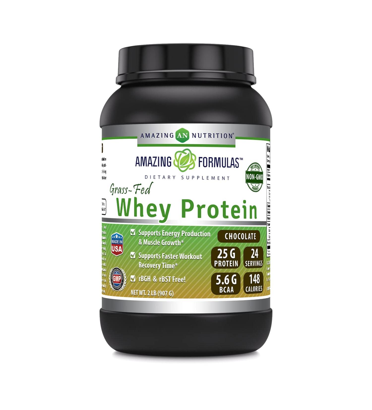 Amazing Formulas Grass-Fed Whey Protein Powder | 25 Grams Protein Supplement | Natural Sweetener and Flavor | Contains BCAA & EAA | Non-GMO | Made in USA (2 Lb Chocolate)