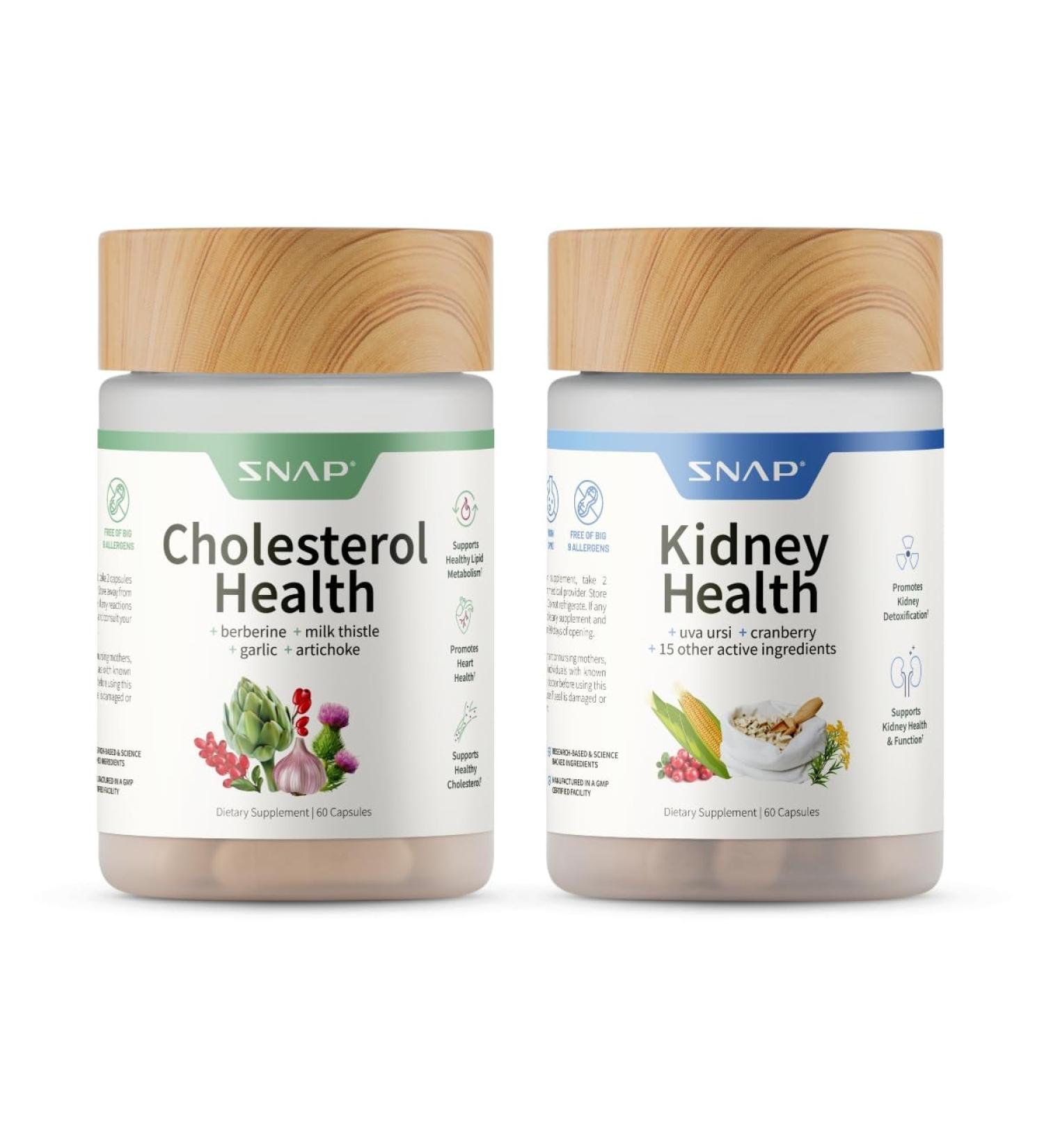 Snap Supplements Cholesterol Health +Kidney Health Bundle 60 Vegetarian Capsules Each - Buy Online on GoSupps.com
