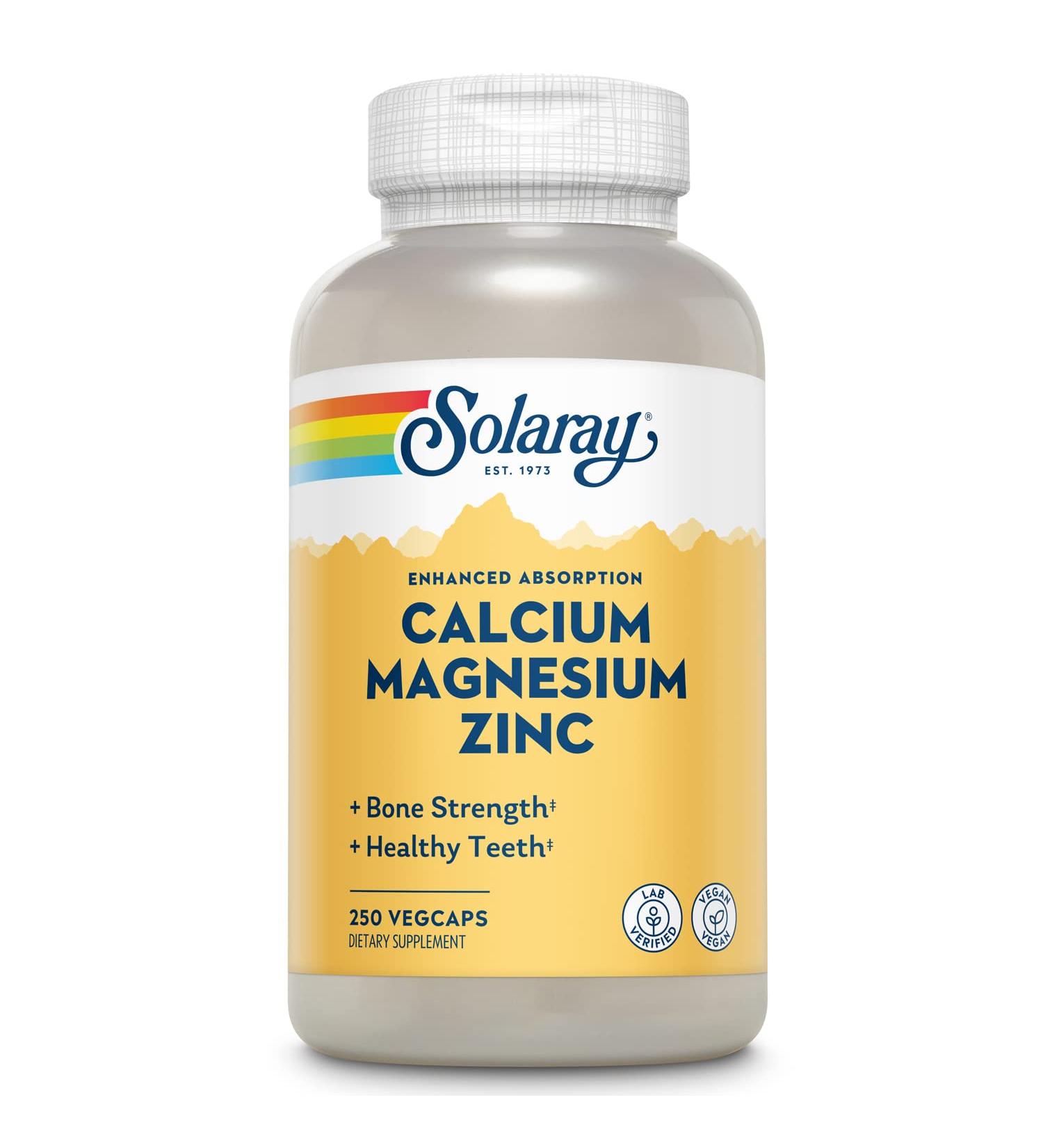 Solaray Calcium Magnesium Zinc 250 VegCaps - Essential Mineral Support for Healthy Bones & Immunity - Buy Online on GoSupps.com