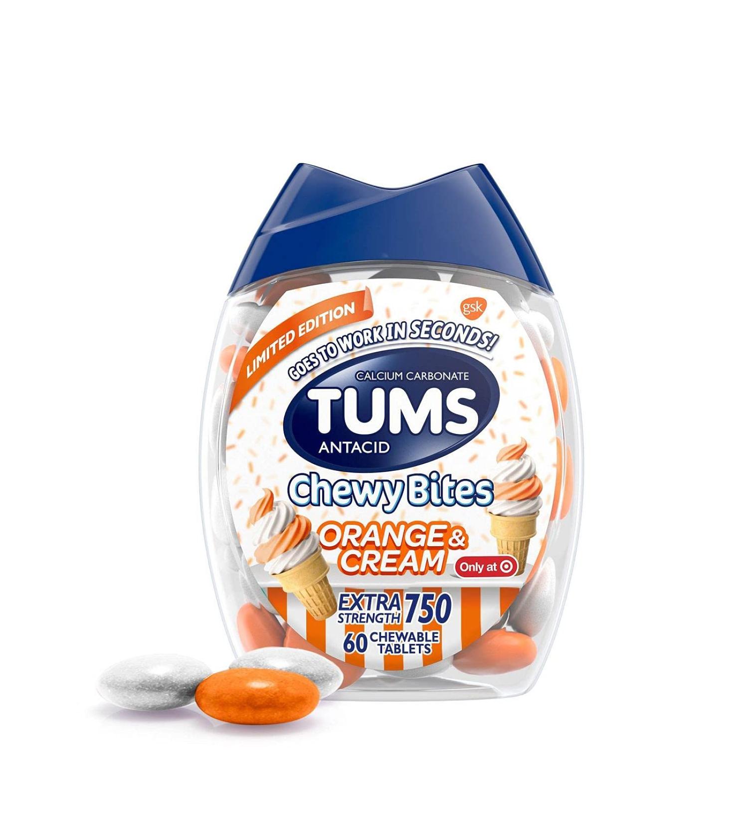 TUMS Chewy Bites Orange and Cream Extra Strength Antacid - 60ct for Heartburn Relief - Buy Online on GoSupps.com