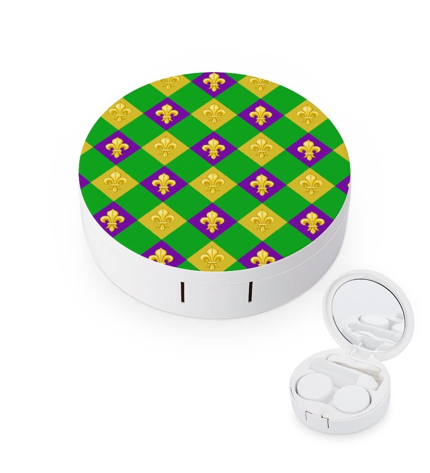 Fleur De Lis-Mardi Gras Round Case For Contact Lens Kit Storage Box with Mirror Printed - Buy Online on GoSupps.com
