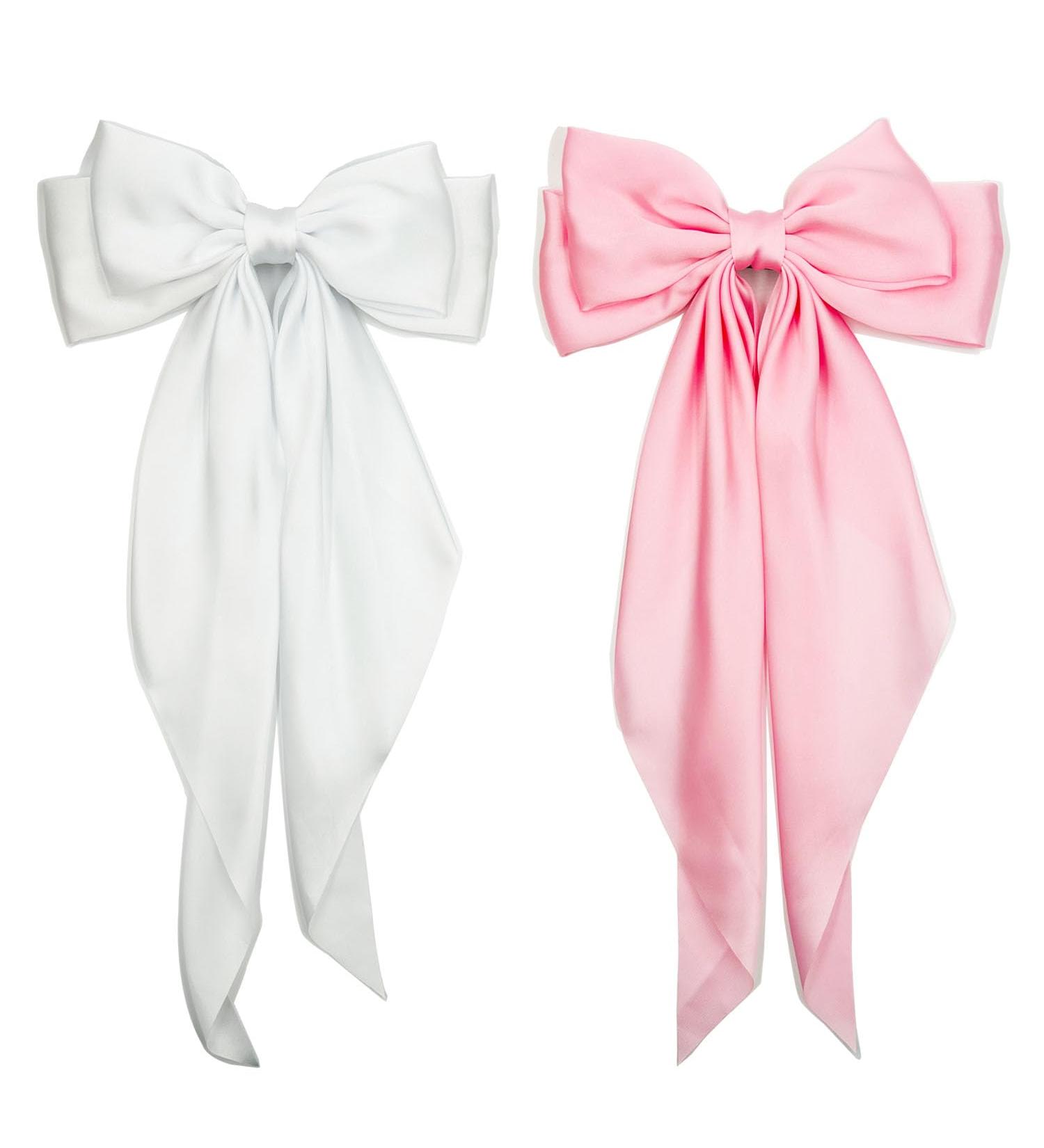 Satin Hair Barrettes Clip for Women Large Bow Hair Slides Metal Clips French Barrette Bowknot with Long Tail Silk Hair Bow Hairpin 90's Hair Accessories (White Pink) - Buy Online on GoSupps.com