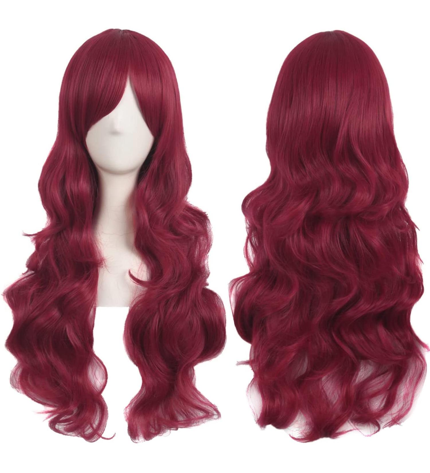 Colorfulpanda Long Burgundy Wigs with Fringe for Women Costume Cosplay Party Natural Synthetic Curly Wavy Wig Cosplay Hair Accessories 32inch 80cm(Wine Red) Deep Red