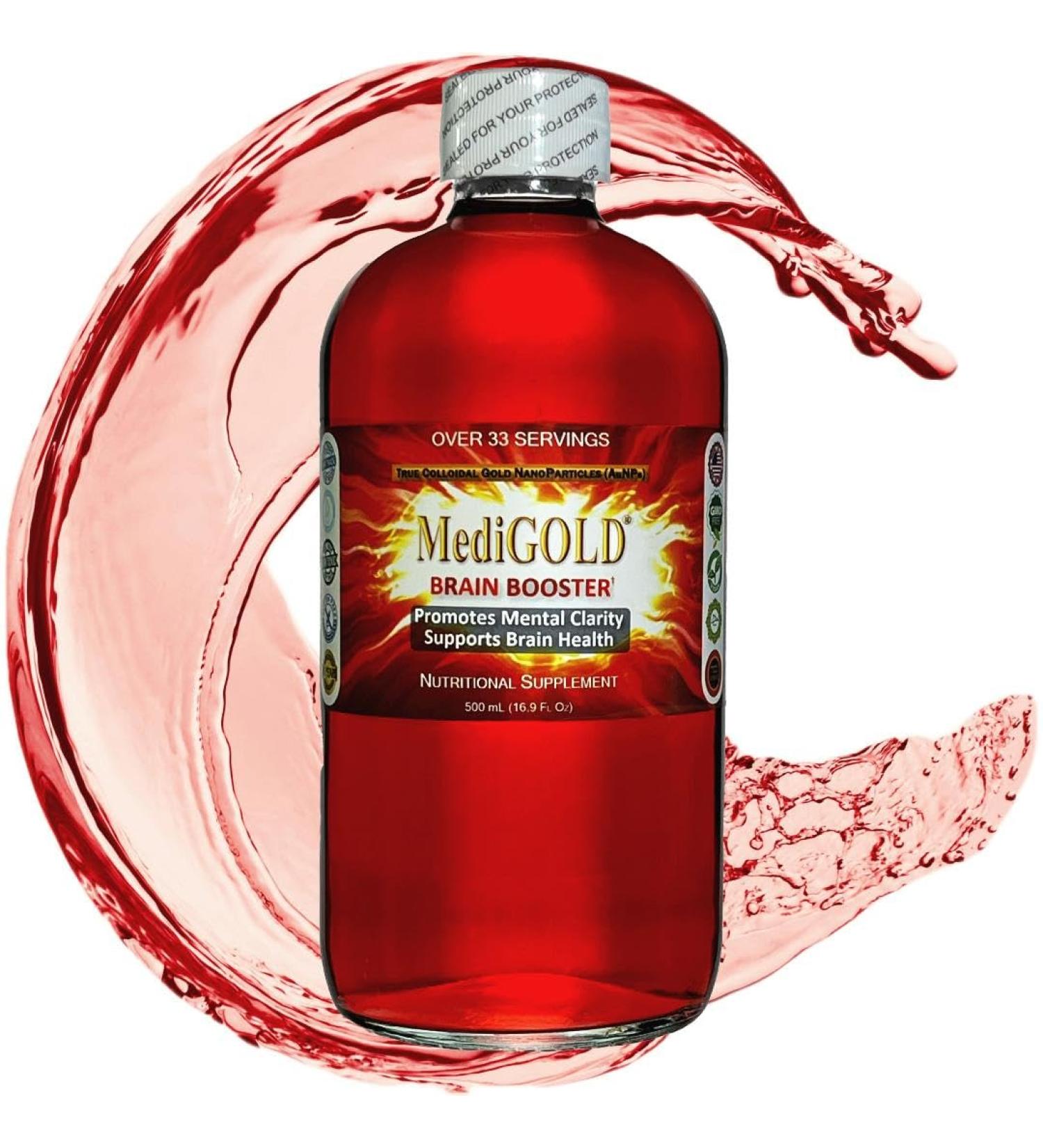 MediGOLD Brain Booster True Colloidal Gold AuNP Nutritional Supplement - 500 mL in Clear Glass Bottle - Buy Online on GoSupps.com