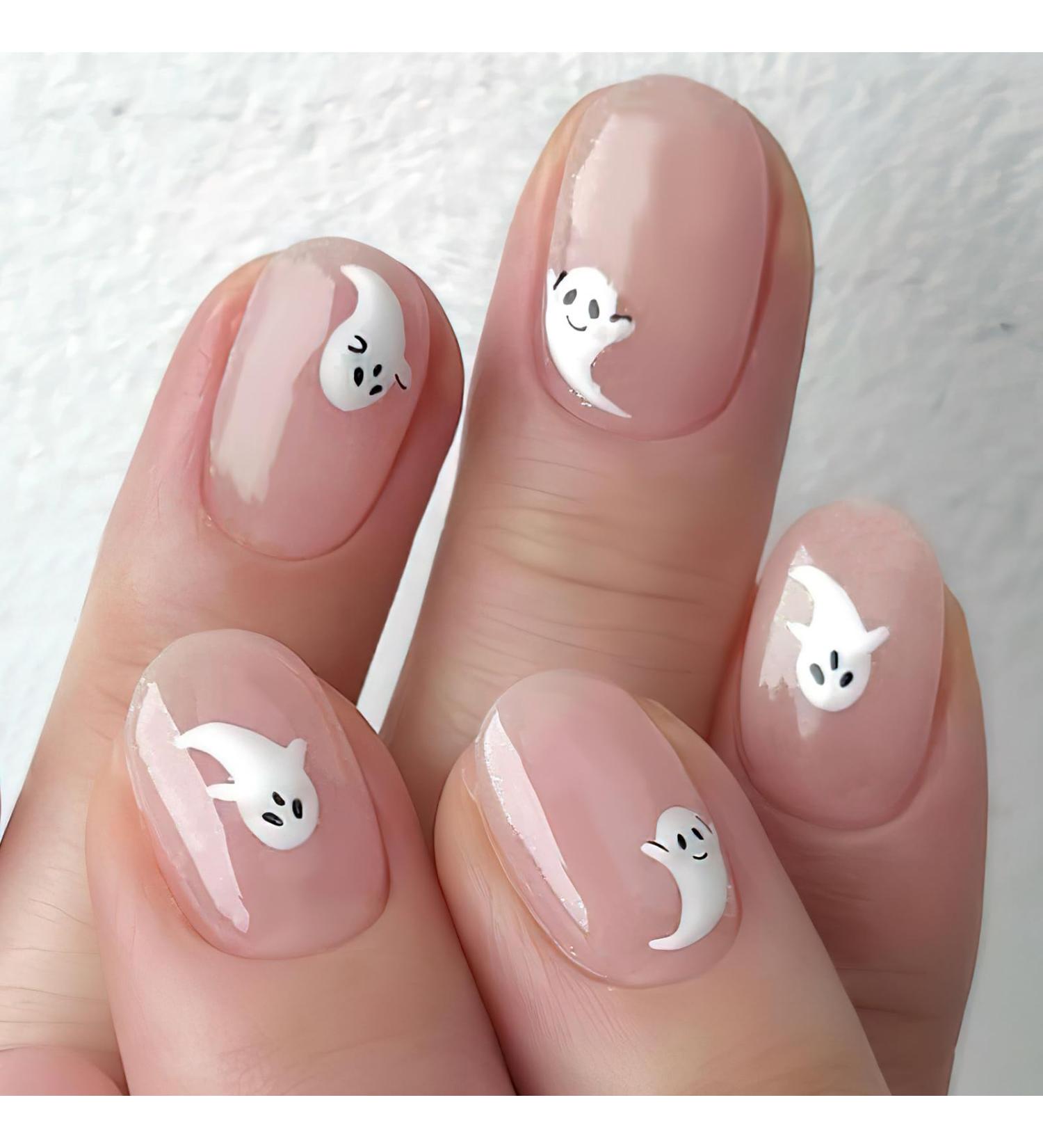 Halloween Press on Nails - Short Almond Glossy Nude Pink Full Cover Ghost Nails | 24Pcs Spooky Oval Acrylic Fake Nails for Women & Girls - Buy Online on GoSupps.com