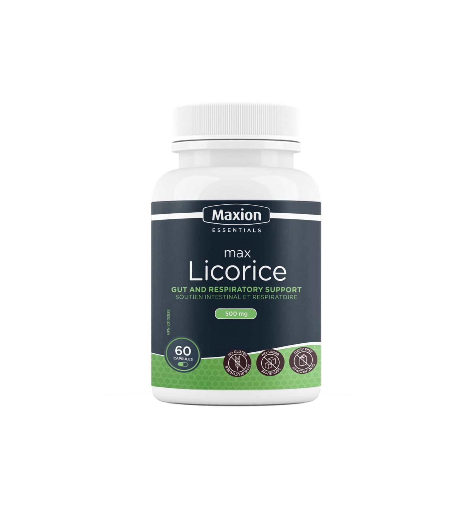 Maxion Licorice Root Capsules 500mg to Relieve Heartburn Acid Reflux Coughs and Respiratory Infections to Maintain Gastrointestinal Function 60 Capsules (1) - Buy Online on GoSupps.com