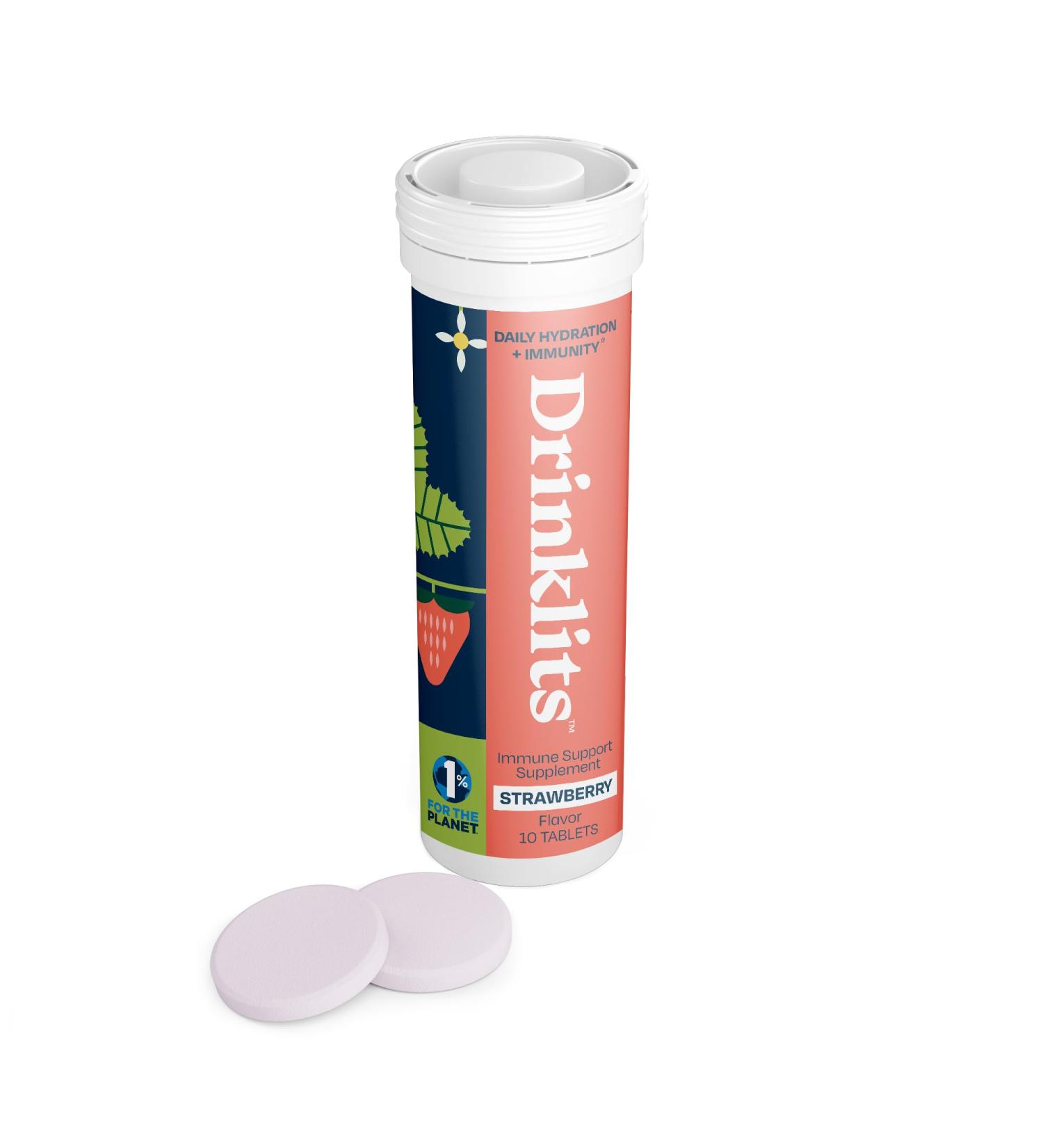 Drinklits Strawberry Daily Immune Support Tablets | 0g Sugar - Vitamin C - Electrolytes - Botanical Blend | Single Tube (10 Tablets/Servings) Strawberry 10 Count (Pack of 1) - Buy Online on GoSupps.com