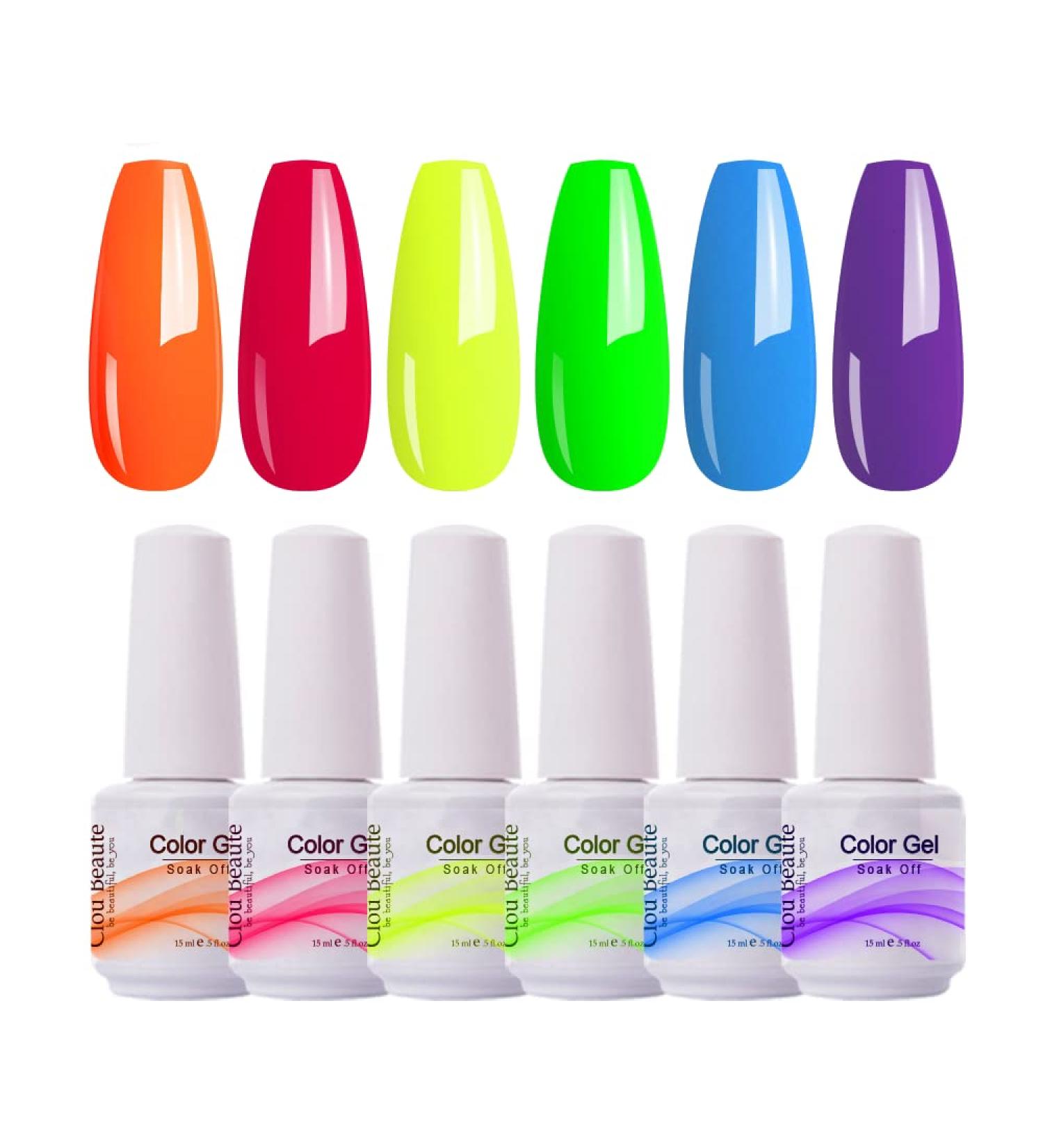 Clou Beaute 8ml Rainbow Neon Gel Nail Polish Set - Pack of 6 Colors in Gift Box | UV/LED Soak Off Nail Gel Varnish in Orange, Red, Blue, Purple, Green - S018 CB-S018 - Buy Online on GoSupps.com