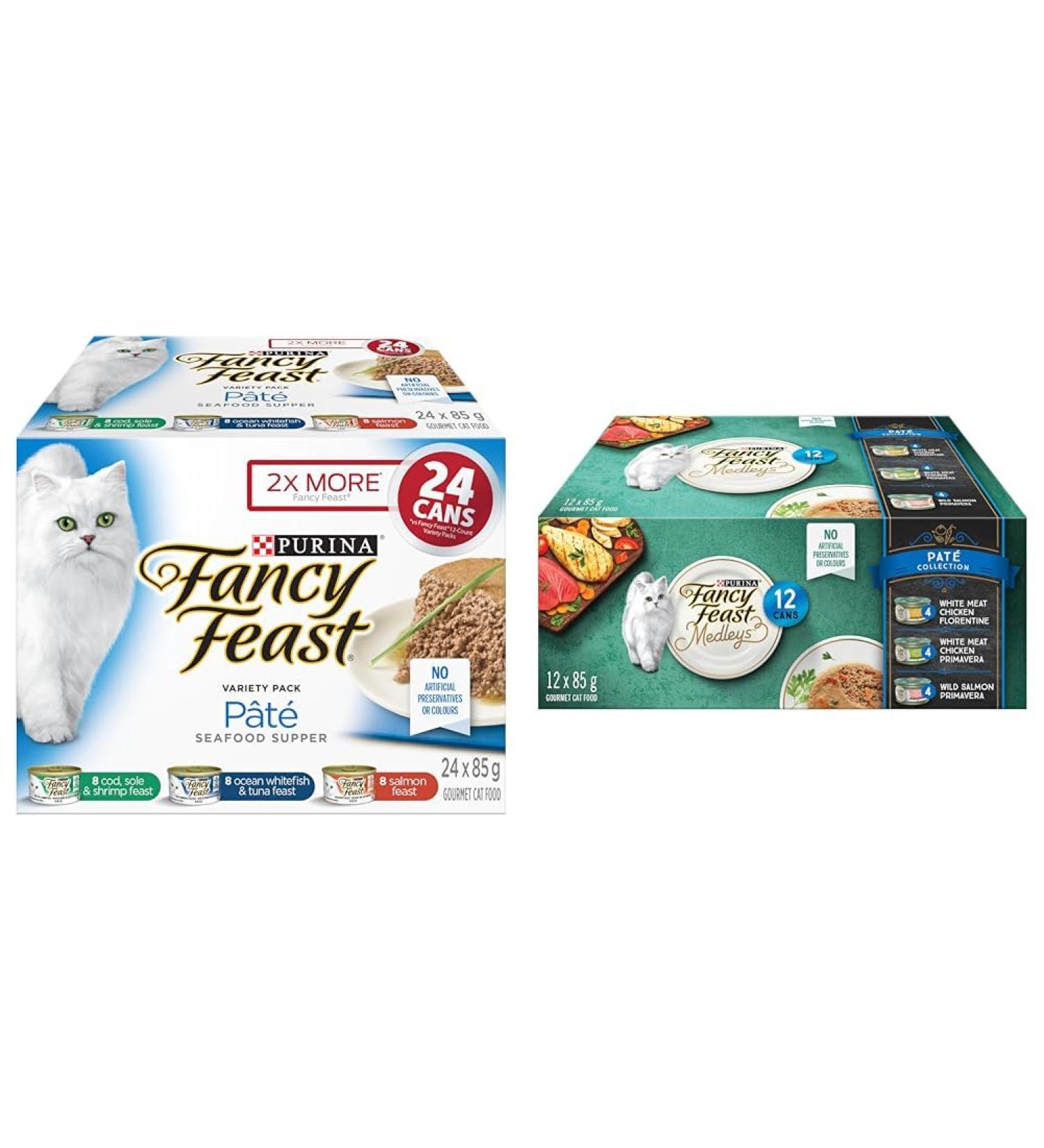 Fancy Feast Seafood Supper Wet Cat Food Pate Variety Pack 3 Flavours - 85 g Can (24 Pack) & Wet Cat Food Pate Collection Variety Pack 3 Flavours - 85 g Can (12 Pack) - Buy Online on GoSupps.com