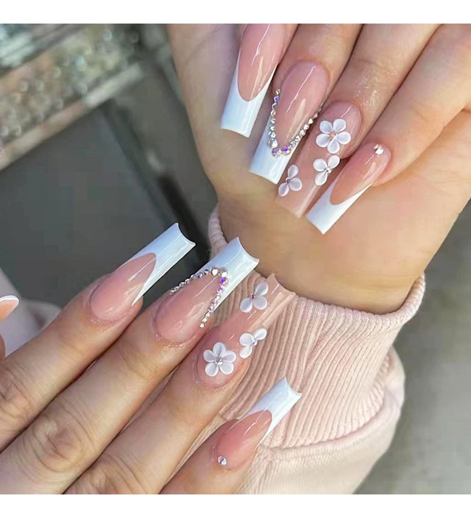 White Flower French Tip Press on Nails - 24 pcs Medium Coffin Nail Kit with Rhinestones - Elegant Acrylic False Nails for Spring - Full Cover Glossy Finish - Buy Online on GoSupps.com