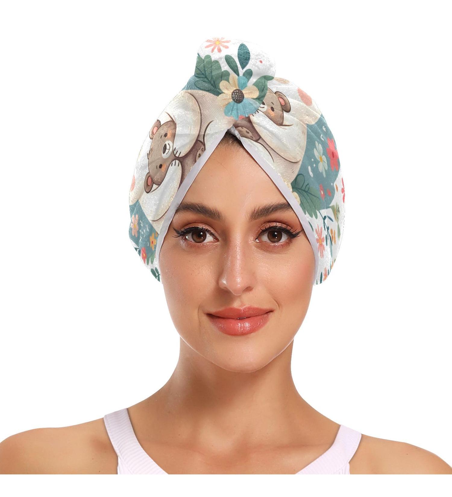 Cute Mom Hugging Baby Bear Hair Towel 2 Pack - Super Absorbent Quick Dry Hair Turbans for Women & Girls - Buy Online on GoSupps.com