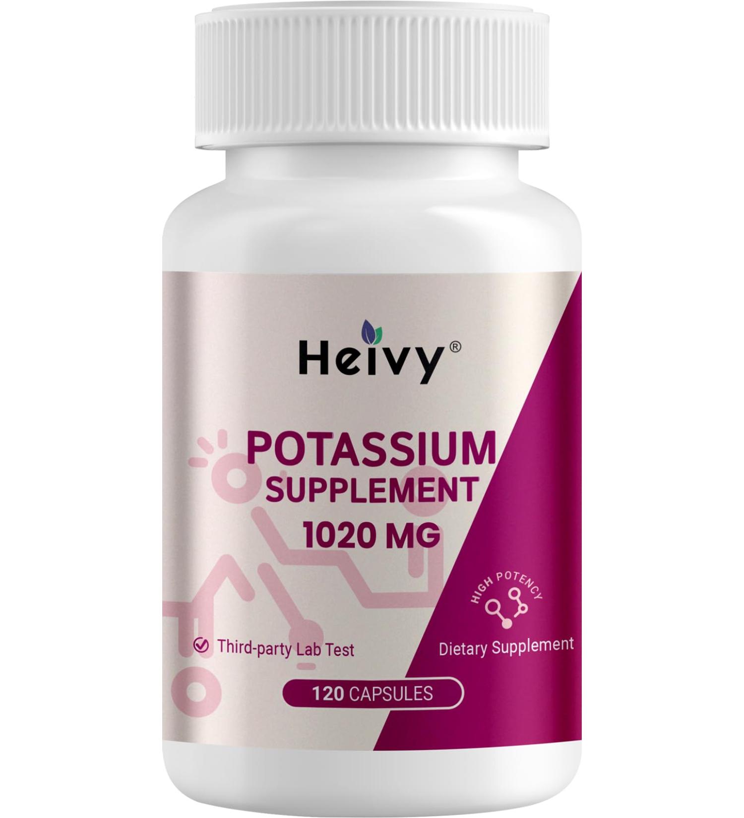 Heivy Potassium Supplement 1020 mg, Potassium Bicarbonate, Supports Electrolyte Balance, Muscle Function & Heart Health, Made in USA, Gluten Free, Non-GMO, 120 Vegetarian Capsules 120 Count (Pack of 1) - Buy Online on GoSupps.com